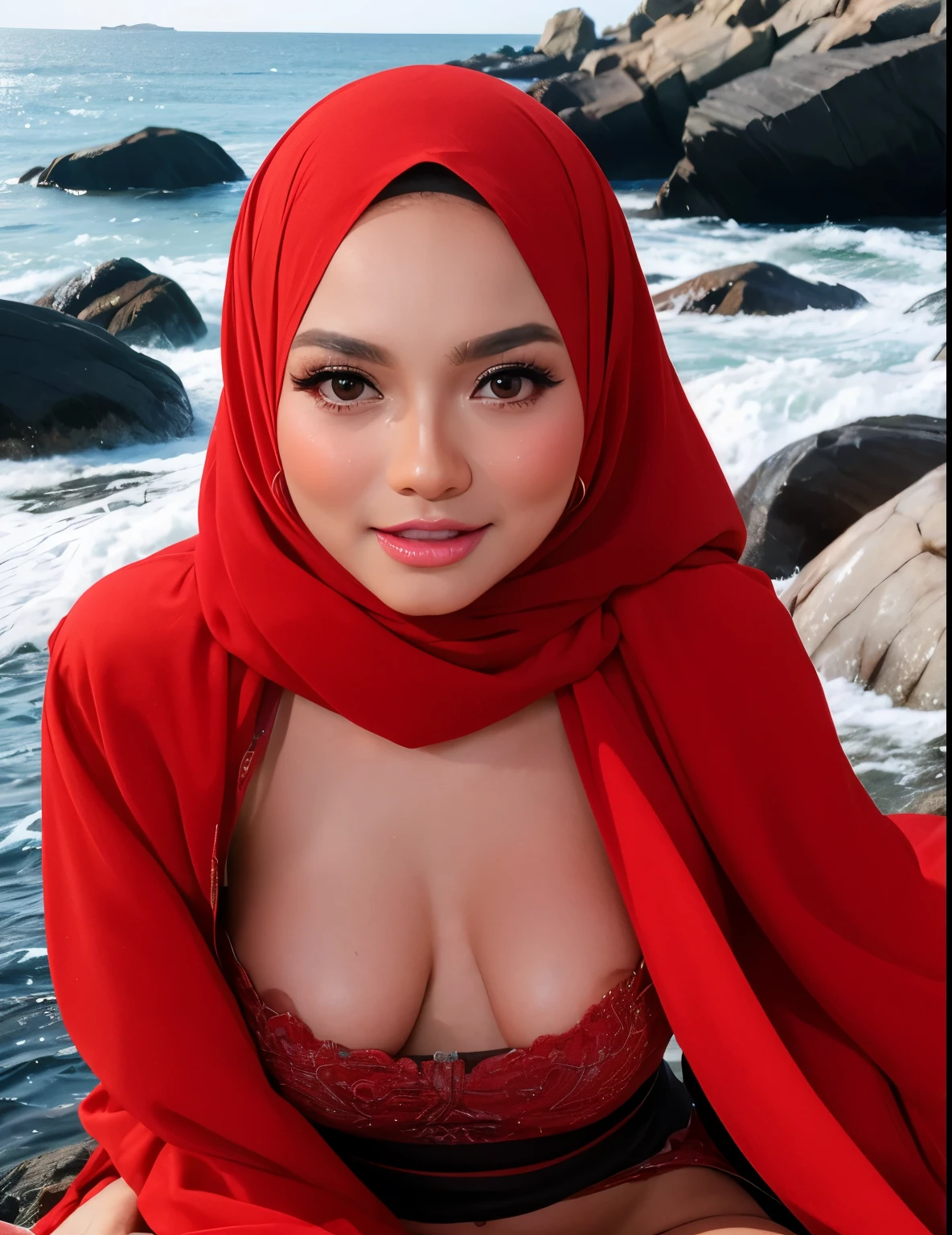 araffe woman in red dress sitting on rocks by the ocean, beautiful oriental woman, with beautiful exotic, beautiful arab woman, arabian beauty, portrait shot, malaysian, middle eastern skin, beautiful asian woman, dressed in a beautiful red cloak, photo of a beautiful woman, asian woman, wonderful, red scarf, beautiful asian girl, gorgeous beautiful woman