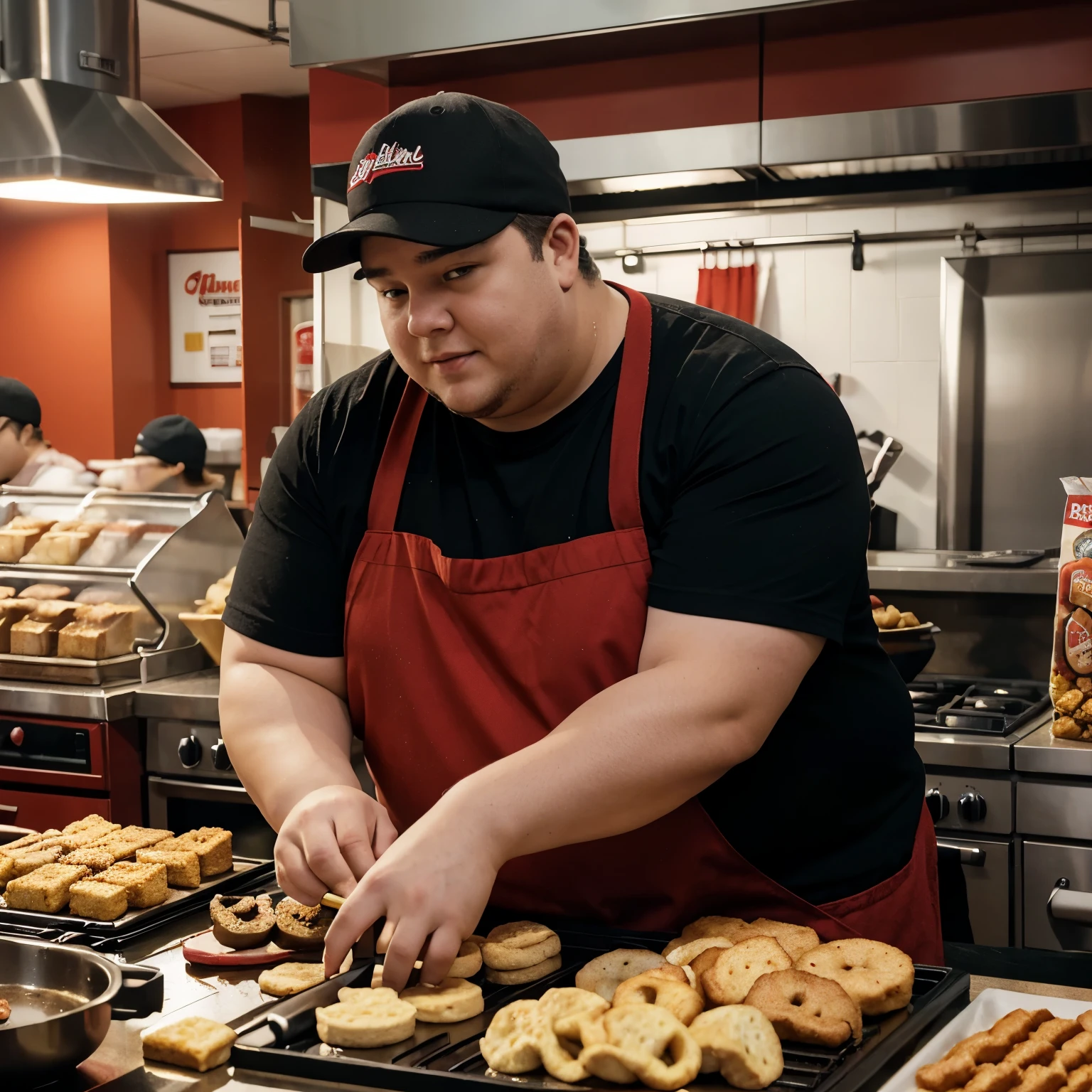 Photo of a slightly overweight young man in the kitchen of a festfood snack shop dressed in red clothes with a black apron and a black cap working in front of a griddle with various snacks being prepared in his hands are two spatulas that he uses for griddle work preparing your snacks