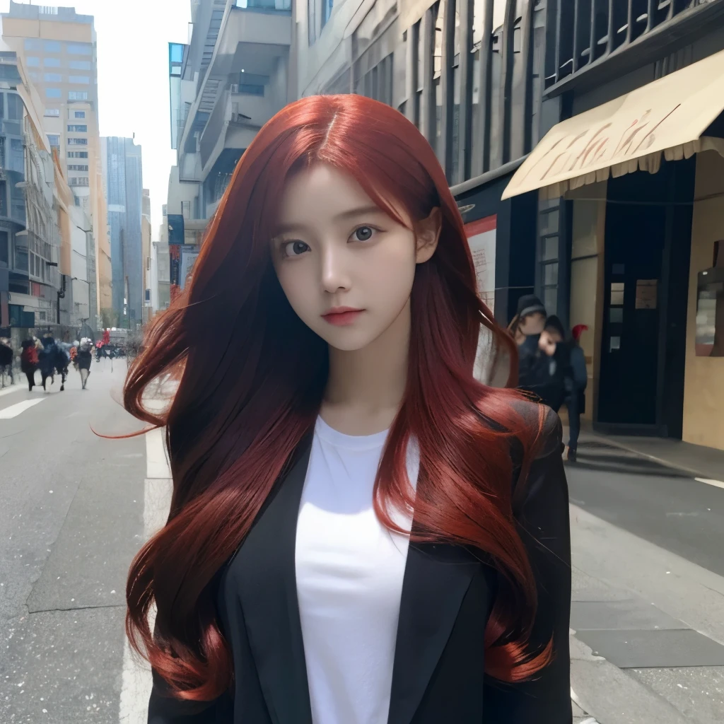 A girl with long red hair ,standing on the streets of the city ,during the day ultra high res, photorealistic:1.4,UHO