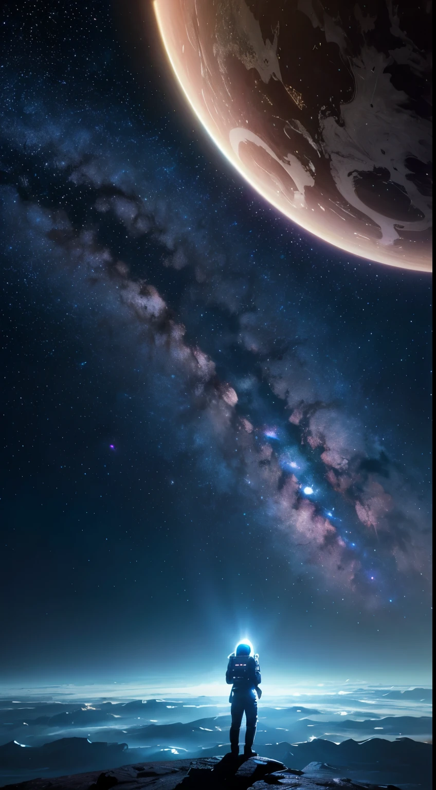 cosmic horror, hypercinematic artwork of a astronaut on a strange planet, dramatic colors, berautiful lighting, extreme shading, epic, breathtaking, rays of light, misteryous, badass, cosmic, stardust wind, a strange landscape, depth, great composition,surreal sky, spell, long exposure, (UHD, 8k-, astronomic wallpaper)