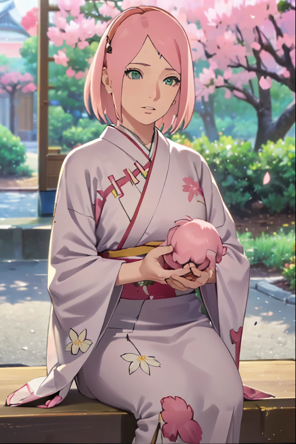 (best quality, highres, ultra-detailed, realistic:1.37), vibrant pink-haired girl, delicate sakura blossoms surrounding her, slender legs, small breasts, holding a newborn baby with green hair, beautiful detailed eyes, beautiful detailed lips, serene expression, soft and gentle touch, Japanese garden in the background, cherry blossom petals floating in the air, sunlight filtering through the branches, creating a warm and ethereal atmosphere, pastel colors, intricate kimono with floral patterns, a sense of tranquility and motherly love permeating the scene.