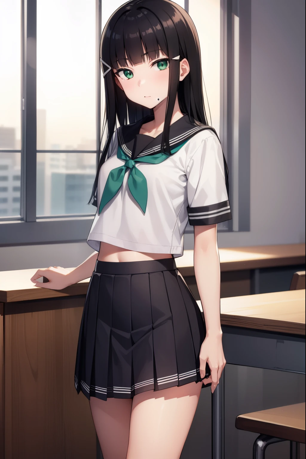 diakurosawa, dia kurosawa, black hair, (green eyes:1.5), blunt bangs, grey skirt, hair ornament, hairclip, mole, mole under mouth, (small breast:1.2),
BREAK grey skirt, midriff peek, pleated skirt, school uniform, serafuku, short sleeves, skirt, uranohoshi school uniform,
BREAK looking at viewer,
BREAK indoors, classroom,
BREAK (masterpiece:1.2), best quality, high resolution, unity 8k wallpaper, (illustration:0.8), (beautiful detailed eyes:1.6), extremely detailed face, perfect lighting, extremely detailed CG, (perfect hands, perfect anatomy),