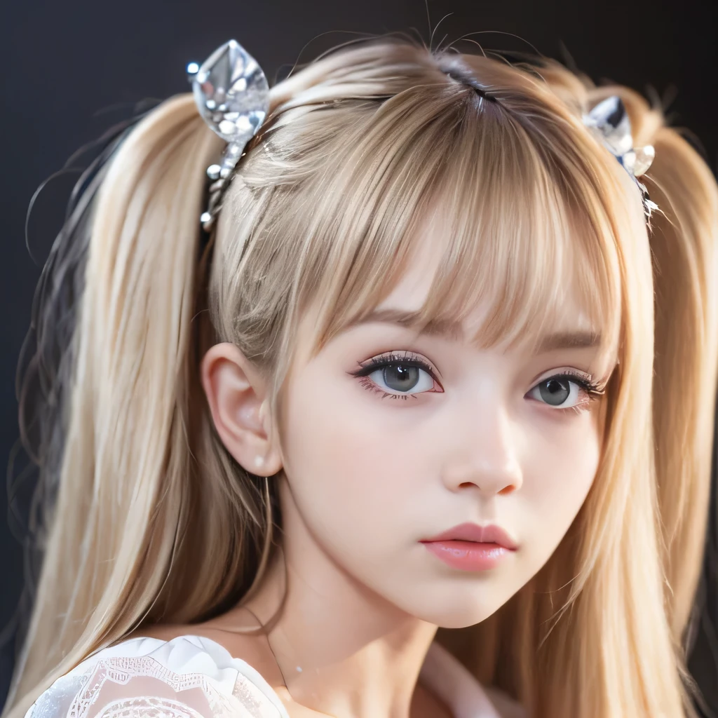 portrait、japanese school uniform、bright look、twin tails、young shiny glossy white shiny skin、best looks、blonde reflection、Platinum blonde hair with dazzling highlights、shiny bright hair,、super long straight hair、Shining beautiful bangs、Sparkling crystal clear charming big blue eyes、Very beautiful and adorable 12 year old girl、rich bust、White and beautiful blouse、With slit、((I could see the whole body))、beautiful face、The chest area of the clothes looks tight、Loosening perm、Pleated skirt with plenty of checked pleats、No bra、