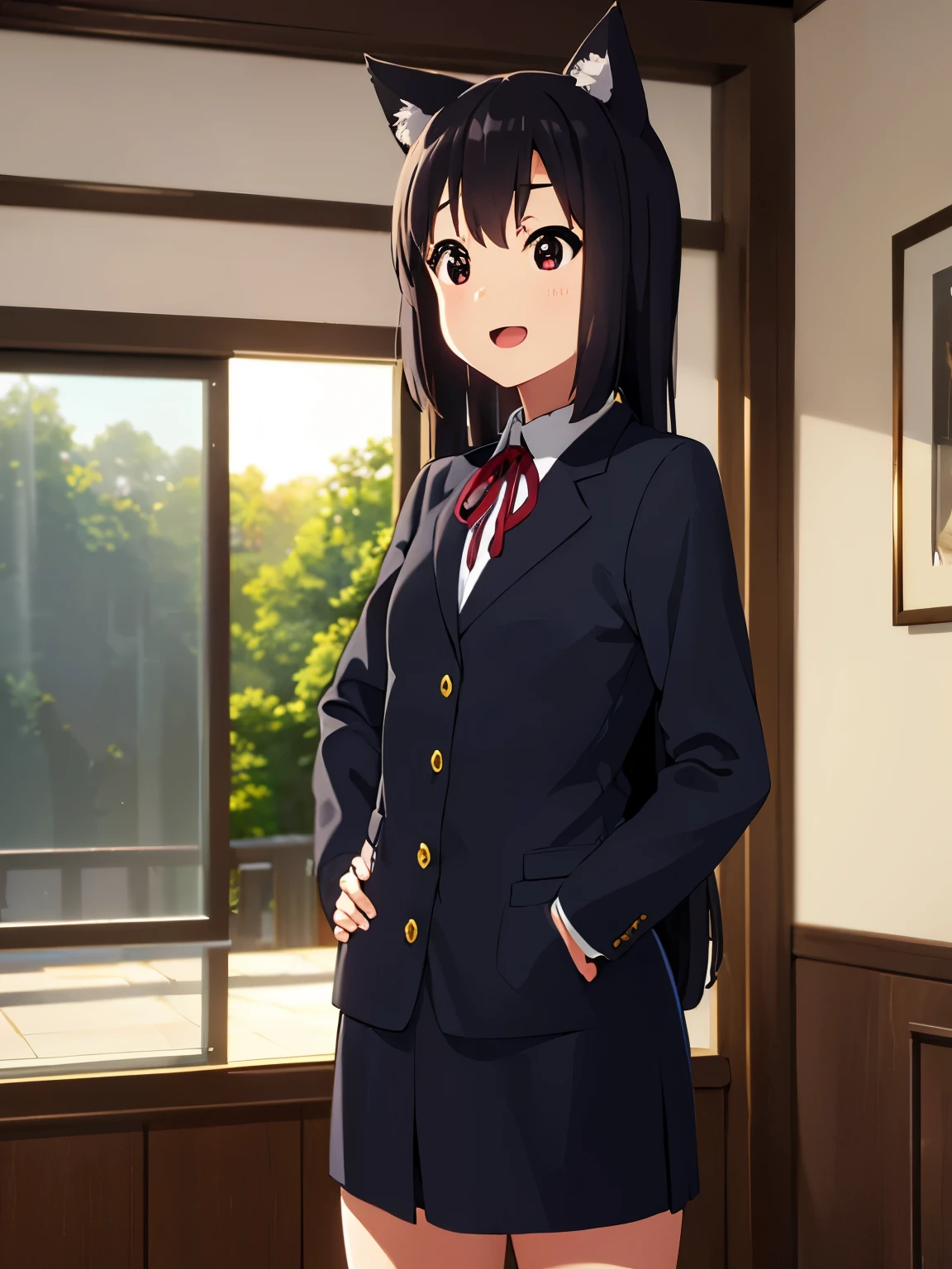 (best quality, masterpiece:1.2), 1girl, (((masterpiece))), top-quality, top-quality, High Details, nakano azusa, 1girl, Cafe waiter uniform, black cat ear, (((black cat ear))), Twin-tailed, length hair, A dark-haired, brown-eyed, solo, reddish, thin red ribbon, Solid white buttoned shirt under blazer, illustratio, comic strip, soothing tones, Subdued Color, Soft cinematic light, adobe lightroom, photolab, HDR, intricately and hyper-detailed、(((depth of fieldasterpiece)))。(((top-quality))).)((ultra-detailliert)))。(((illustratio)))。(((takeout))).dynamic focus.big breasts.(((kitchen))).(((A home))).(((Face of Smile))). open mouth.(((put hands on the hip))).(((up chest))).((morning glow)).((the setting sun)), solo, anime, anime screencap, ray tracing, global illumination, ultra resolution image, vivid color, cinematic light, lens flare, light on face, glow eyes, depth of field, happy, detailed background, cute, straight-on, dive dress, navel,