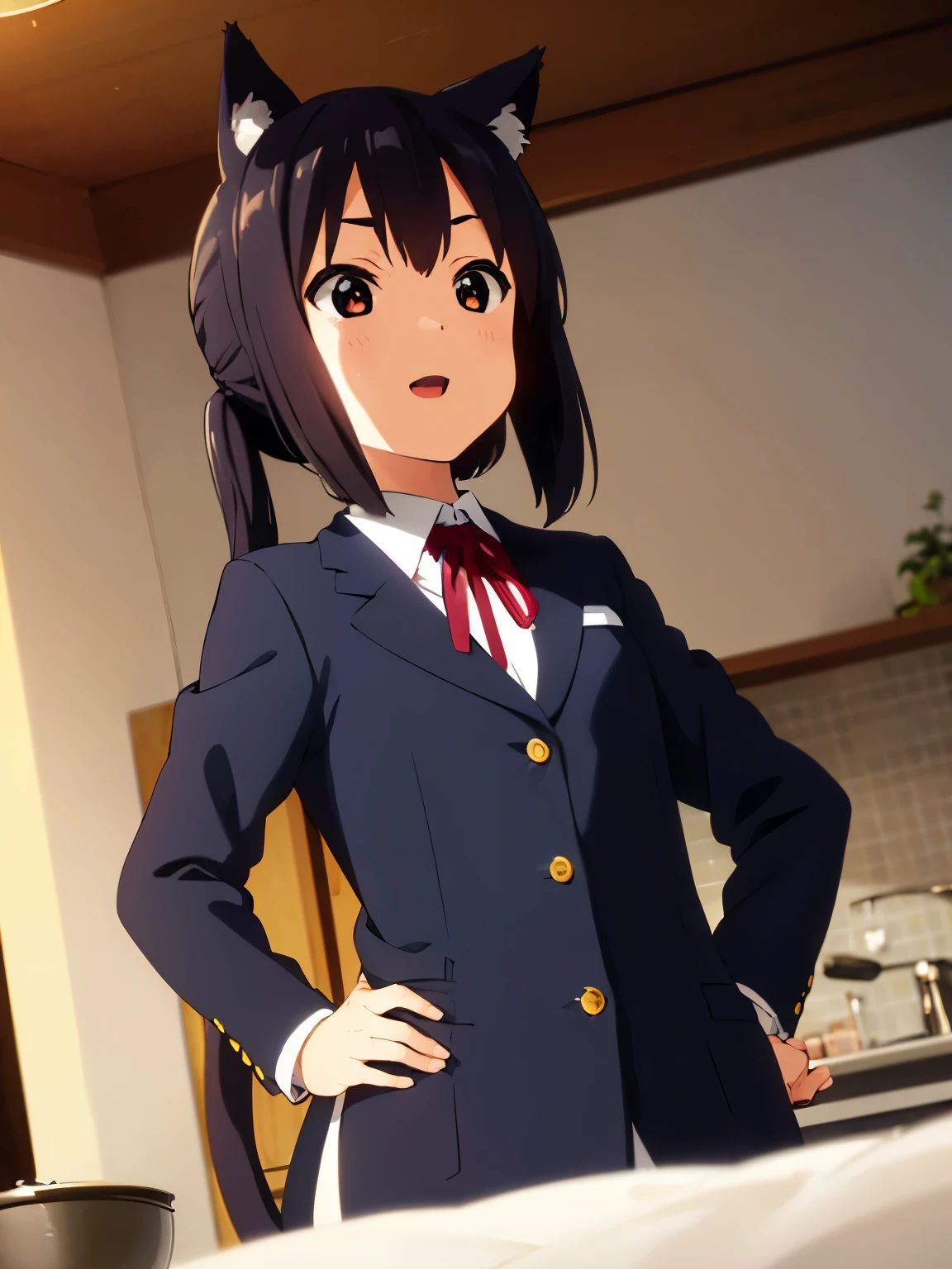 (best quality, masterpiece:1.2), 1girl, (((masterpiece))), top-quality, top-quality, High Details, nakano azusa, 1girl, Cafe waiter uniform, black cat ear, (((black cat ear))), Twin-tailed, length hair, A dark-haired, brown-eyed, solo, reddish, thin red ribbon, Solid white buttoned shirt under blazer, illustratio, comic strip, soothing tones, Subdued Color, Soft cinematic light, adobe lightroom, photolab, HDR, intricately and hyper-detailed、(((depth of fieldasterpiece)))。(((top-quality))).)((ultra-detailliert)))。(((illustratio)))。(((takeout))).dynamic focus.big breasts.(((kitchen))).(((A home))).(((Face of Smile))). open mouth.(((put hands on the hip))).(((up chest))).((morning glow)).((the setting sun)), solo, anime, anime screencap, ray tracing, global illumination, ultra resolution image, vivid color, cinematic light, lens flare, light on face, glow eyes, depth of field, happy, detailed background, cute, straight-on, dive dress, navel,
