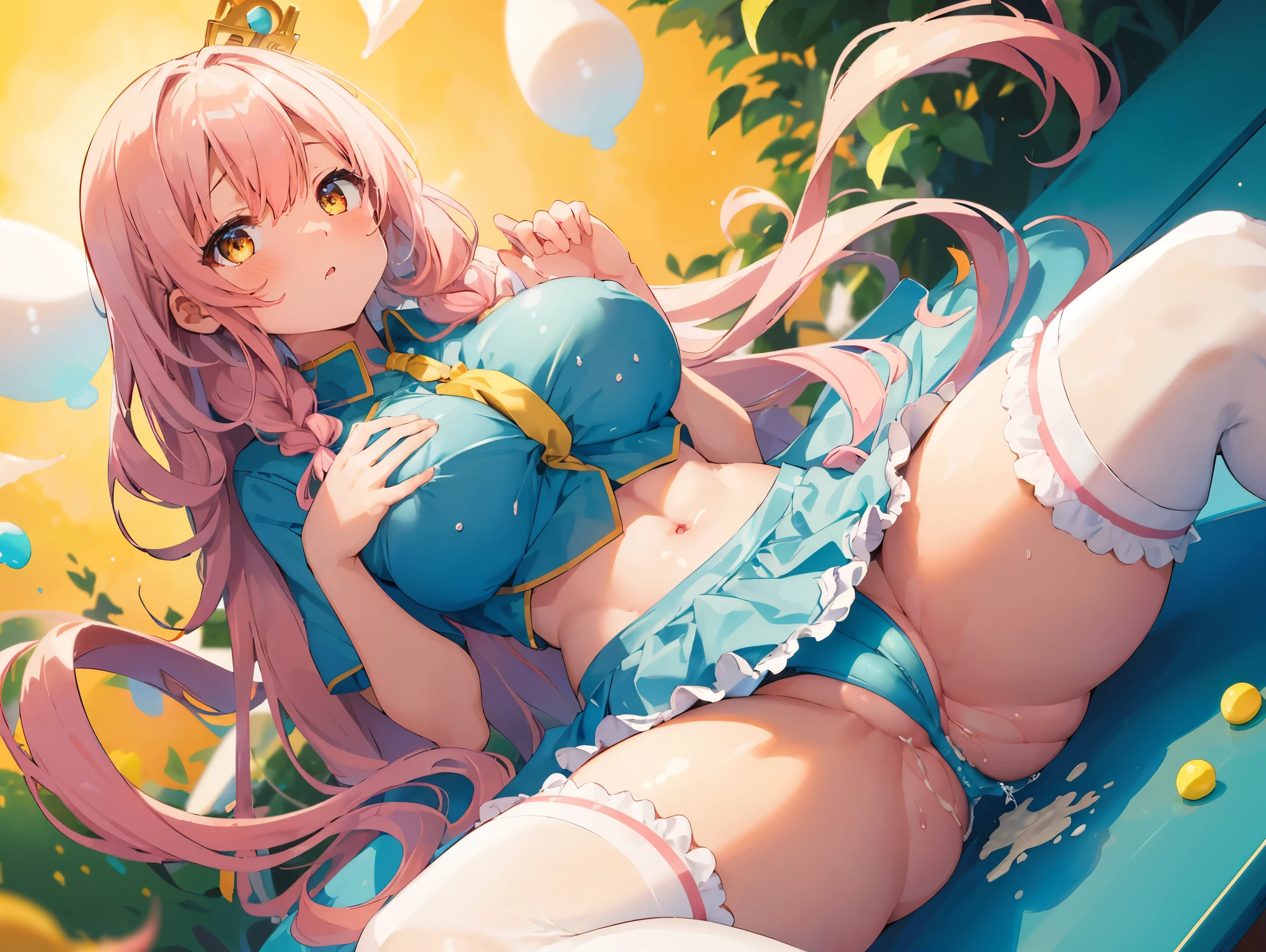 masterpiece, highest quality, finely, High resolution, very delicate and beautiful, 1 girl, long pink curly hair, Braid, pink hair, yellow eyes, Big eyes, preppy, crazy face, blue clothes, woman, candy theme, background candy, candyland, thick, huge hips, Front view, sexy, yellow eyes, yellow eyes, yellow leather, big lips, yellow background, frilly clothes, tight waist, (huge ass), (巨大なthighs), thigh high socks, colorful, candy theme, background candy, white thigh high socks, かわいいhuge breastsbig and full breasts、I can see the nipples,, cute face of orgasm, blush,Wet I can see the nipples、huge breasts、big and full breasts、There is a bulge in the chest、Full body Esbian、Shyness、Trance、length、広める your legs apart、angle from below、、、Full body Esbian、Shyness、Ecstatic vaginal insertion、 Mechanical、nipple transparent , ride a horse , solo boy、仰向けに寝そべる女の子を斜め cute face of orgasm, blush,moan, open your mouth, stick out tongue, closed my eyes, curve, 2 feet, spread your legs、perfection , Wet , thighs, big ass, , concentratedしている, concentrated, belly button, Same as huge , I can see the nipples, , belly button天国, 、nipple transparent , ride a horse ,((( Insertion of a foreign object into the vagina)))、will be inserted into 、solo boy、(((spread your legs))),(dripping ),((cum dripping in )), ((my face is full of cum)), (cum on chest), (( ball)) ,((cum dripping in )),((my face is full of cum)), open your mouth, ((ejaculate all over the body)),,(((table top))), (Majestic panoramic view:1.2),dynamic angle, dutch angle,angle from below、dynamic angle