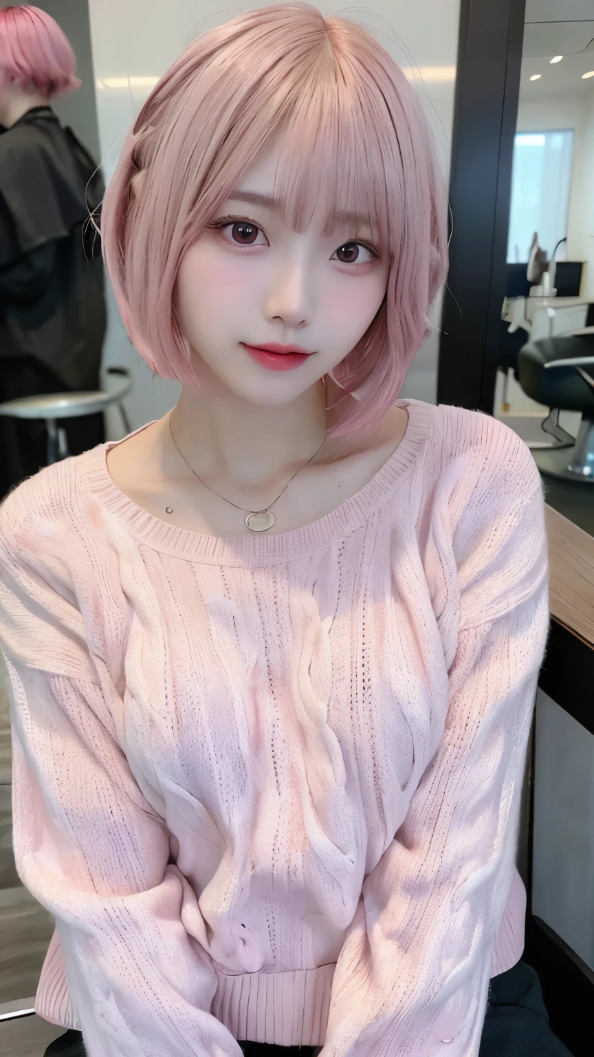 Photo of a girl during an amazing portrait session, Shot in 8K, Top quality and 3D Cinema Light Ultra High Definition for ultimate immersion. The setting is Hong Kong in the 1990s., Medium shot showing every detail of her,((hairstyle,,short bob,Bob Straight Hair,pink hair color:1.4)),((pink knit clothes:1.4)),See here,smile showing teeth,Upper body,cute,straight face,plump,