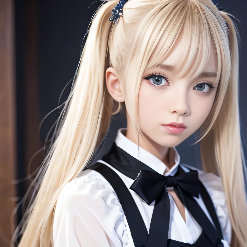 portrait、japanese school uniform、bright look、twin tails、young shiny glossy white shiny skin、best looks、blonde reflection、Platinum blonde hair with dazzling highlights、shiny bright hair,、super long straight hair、Shining beautiful bangs、Sparkling crystal clear charming big blue eyes、Very beautiful and lovely cute 12 year old girl、rich bust、White and beautiful blouse、With slit、((I could see the whole body))、beautiful face、The chest area of the clothes looks tight、Loosening perm、Pleated skirt with plenty of checked pleats、No bra、