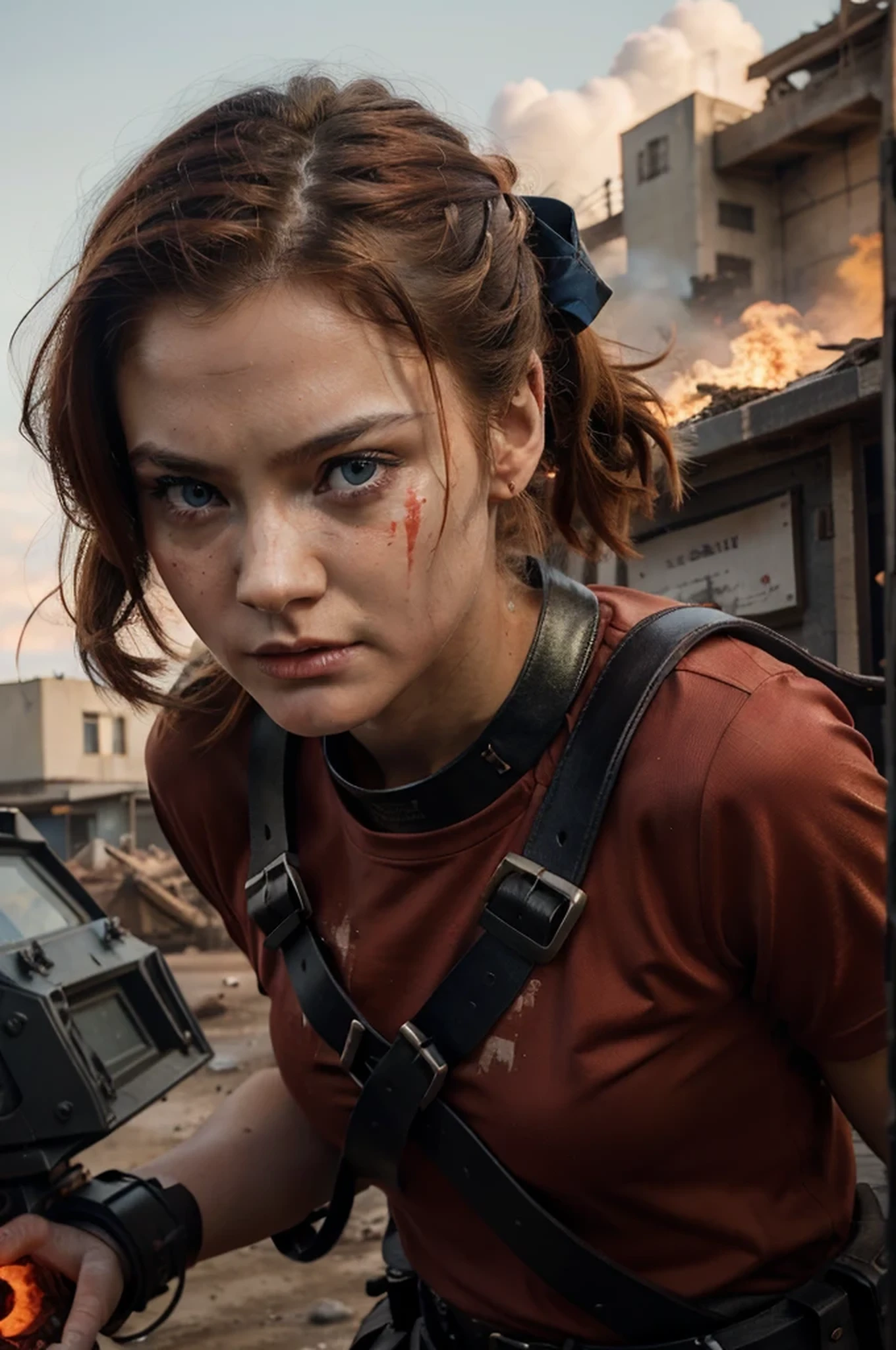 Hermosa mujer soldado, cara rusa estereotipada, cara muy enojada, pelo rojo natural, blue eyes, tiene sangre en la cara, red t-shirt with a drawing of a scorpion tail in black, the uniform has a drawing of a scorpion's tail. scorpion, cinturones y arneses con municiones y explosivos, holds a laser cutter, is on a battlefield in a totally destroyed ampocalyptic European city pst, 4k, ultra detallado image, realista, muy detallado, perfect composition, splendid, intrincadamente detallado, incredibly detailed, 8k art photography, hiper detallado, Obra maestra, ultra detallado, hyper realista, 4k, ultra detallado image, realista, muy detallado, perfect composition, splendid, intrincadamente detallado, incredibly detailed, 8k art photography, hiper detallado