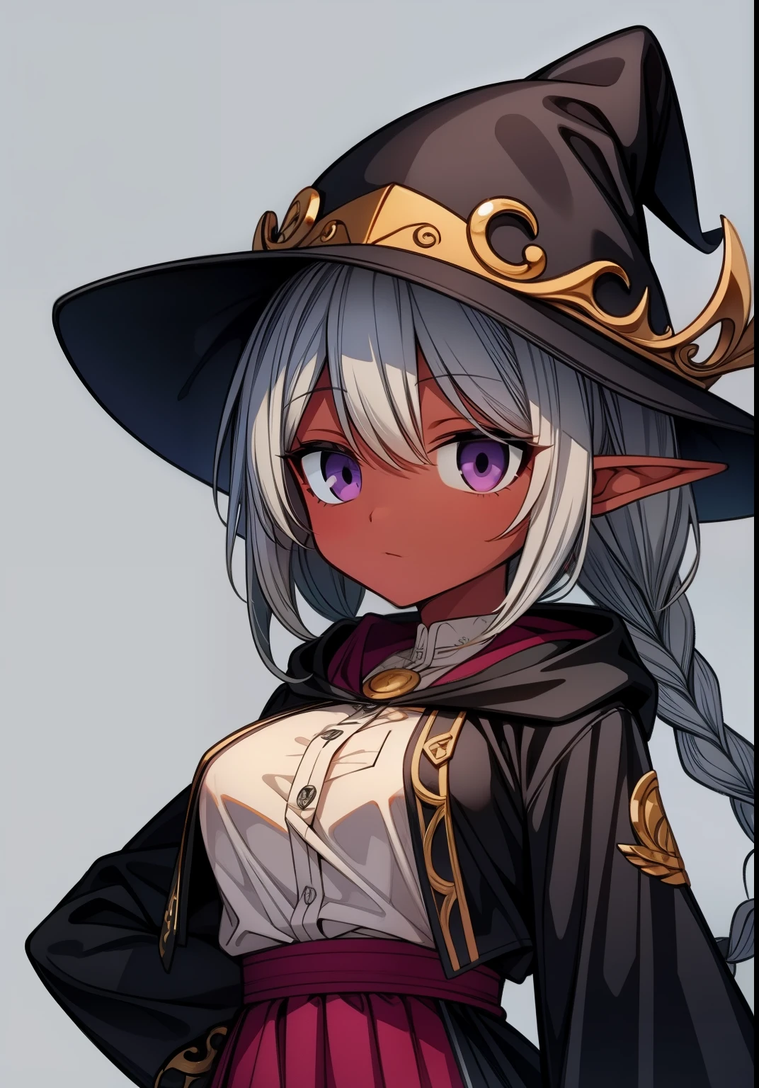 (tanned elf girl), (nice breasts:1.2), (black mage:1.2), (darker skin:1.1), (loose clothes:1.1), (silver hair purple eyes:1.1), (one side braid), (different color clothes:1.2)