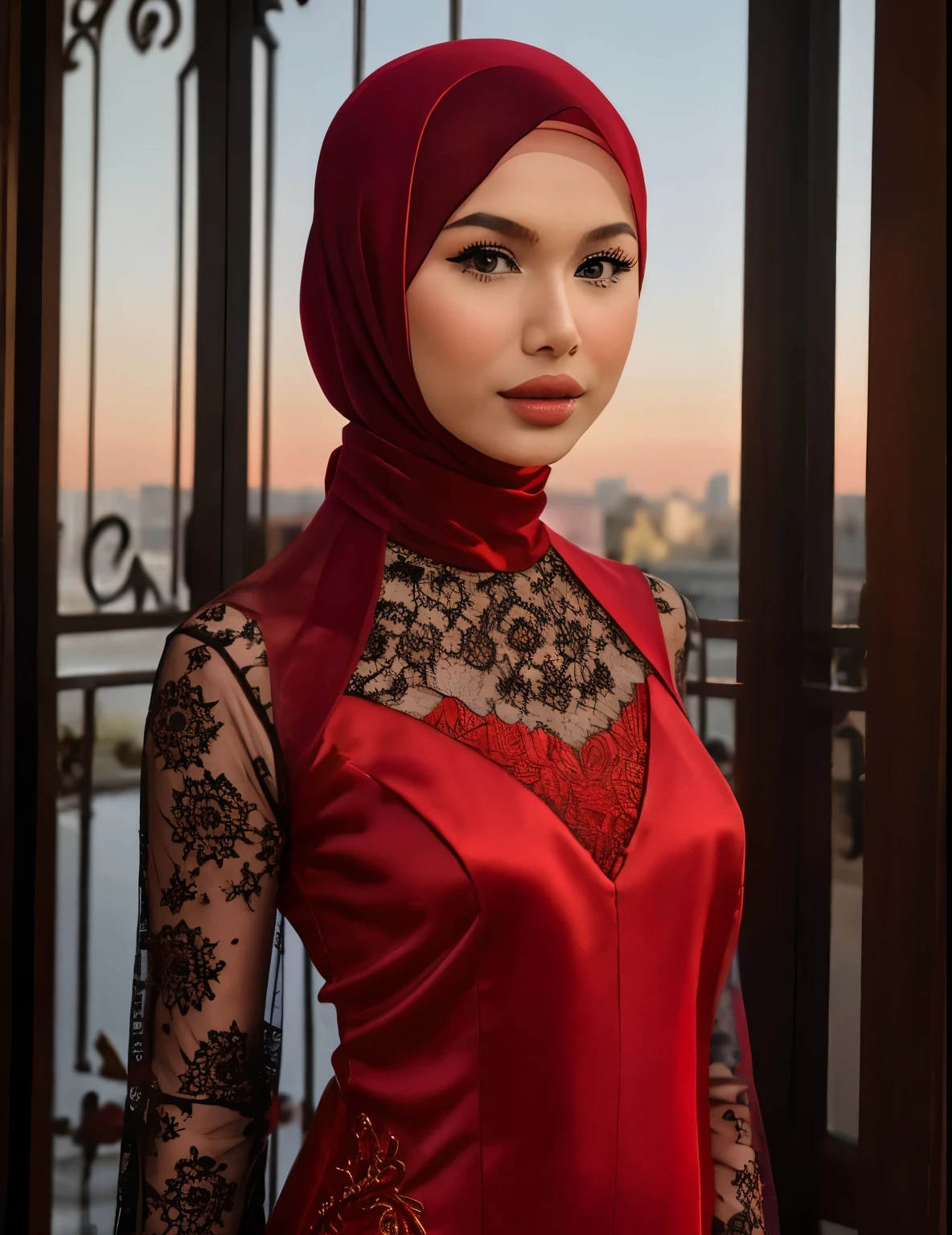 there is a woman in a red dress posing for a picture, inspired by Maryam Hashemi, maxim sukharev, red mesh in the facede, beautiful oriental woman, beautiful arab woman, inspired by irakli nadar, middle eastern skin, inspired by Hedi Xandt, arabian beauty, anna nikonova aka newmilky, shot at golden hour