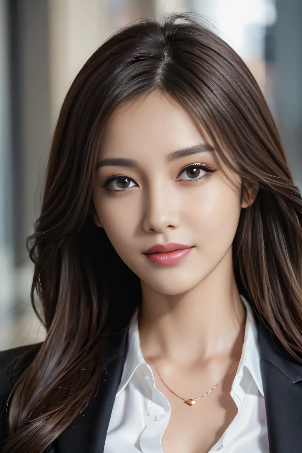 table top, highest quality, realistic, Super detailed, finely, High resolution, 8k wallpaper, 1 beautiful woman,, light brown messy hair, wearing a business suit, sharp focus, perfect dynamic composition, finelyて美しい目, thin hair, Detailed and realistic skin texture, smile, close-up portrait, model body shape