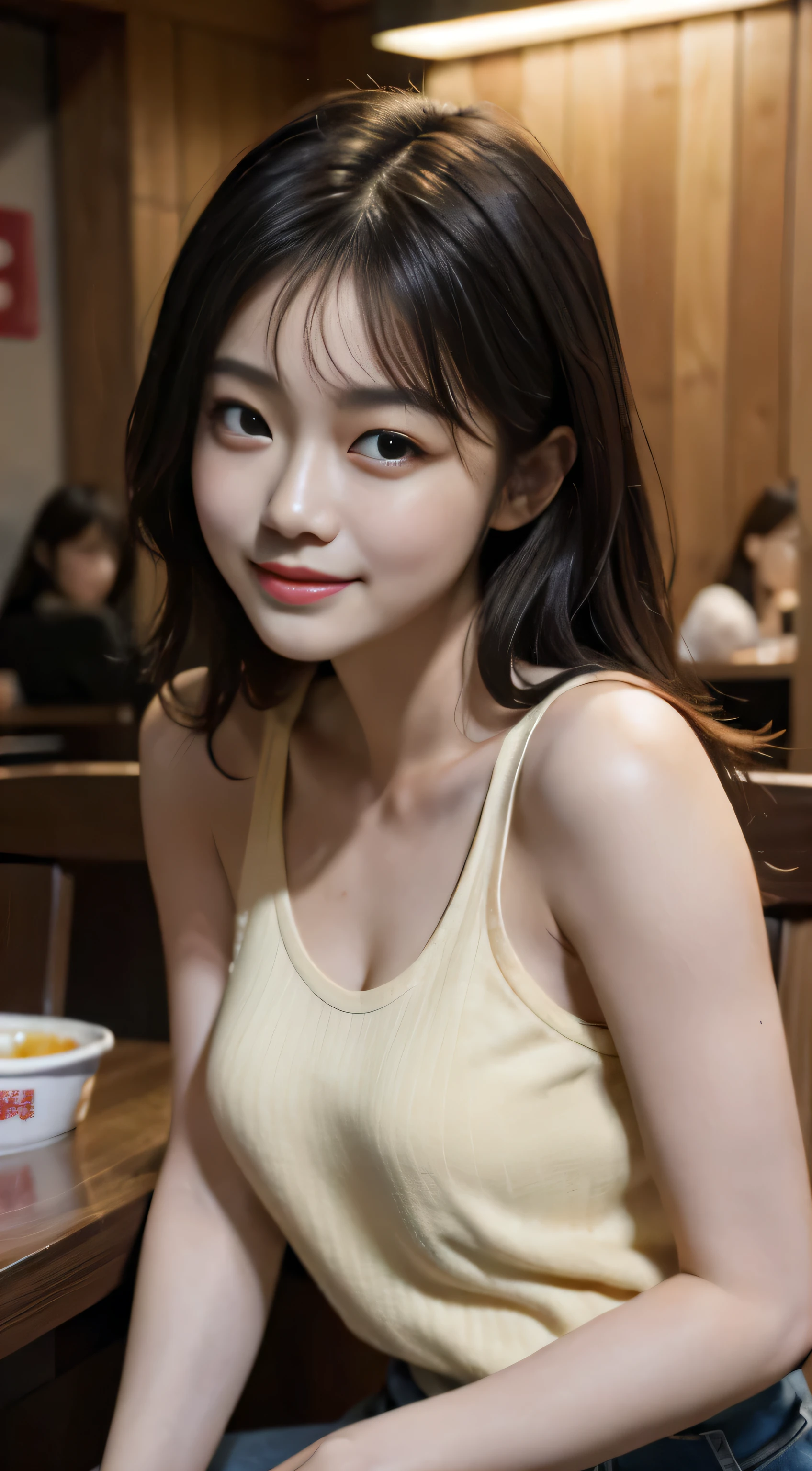 Masterpiece, highest quality, high resolution, solo presentation of a cute Korean actress, wearing a tank top, sitting in a ramen shop with a smile, captured by a Canon EOS camera in cinematic mode, ultra high definition 8K. The realistic close-up portrait showcases her clear, detailed facial features and expressive smile.