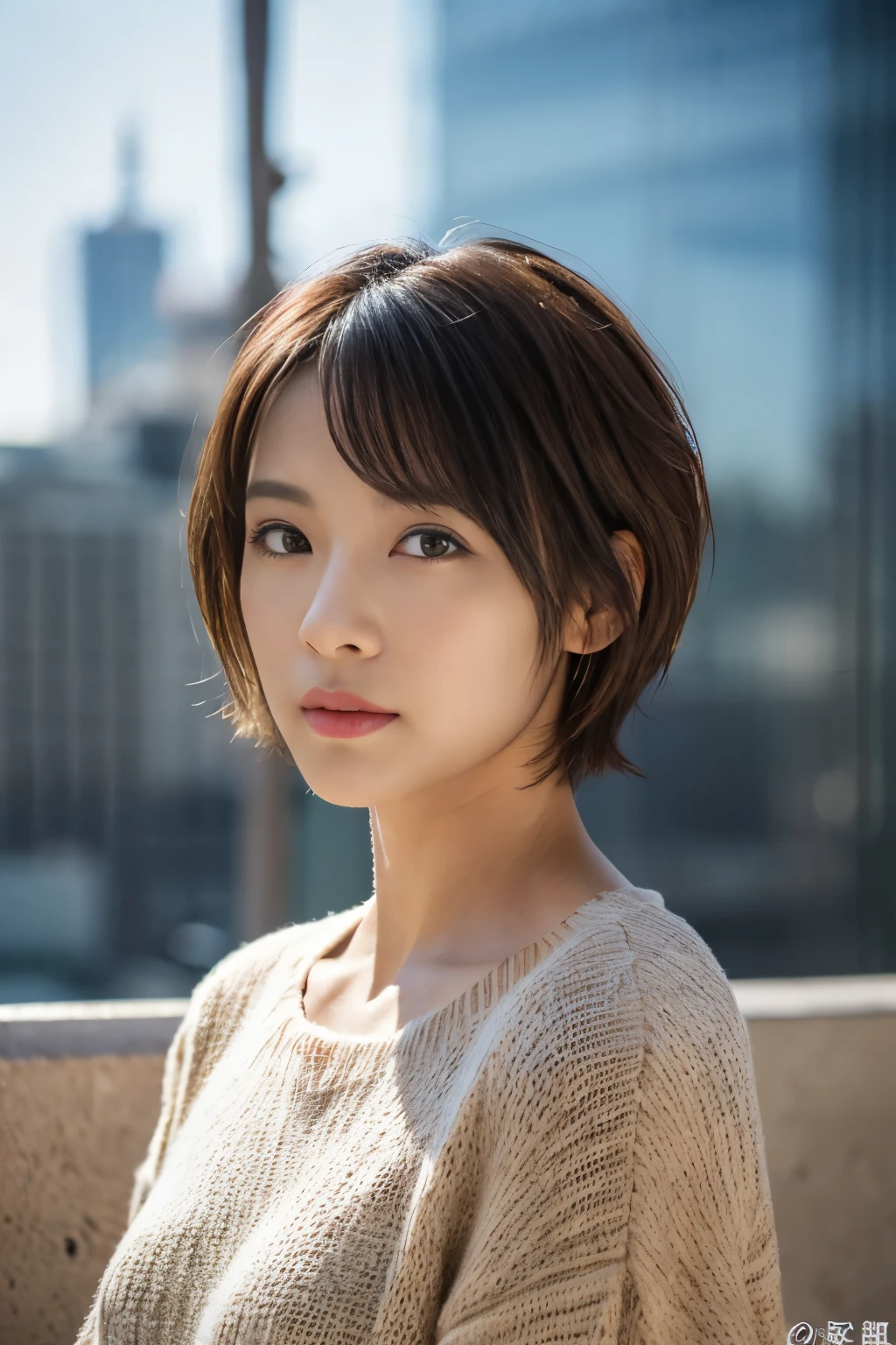 ((masutepiece,top-quality)), (photographrealistic:1.4),(((masutepiece,8K)),rooftop,((full body ))),shot in natural light,highly detailed face and skin texture,highly detailed lips,correct state of the human body,Superhigh resolution, 38 years old, s, 80mm lens,long sleeve sweat,(shoulger length hair),(brown hair),(handsome short hair)natural lip color,sunlight