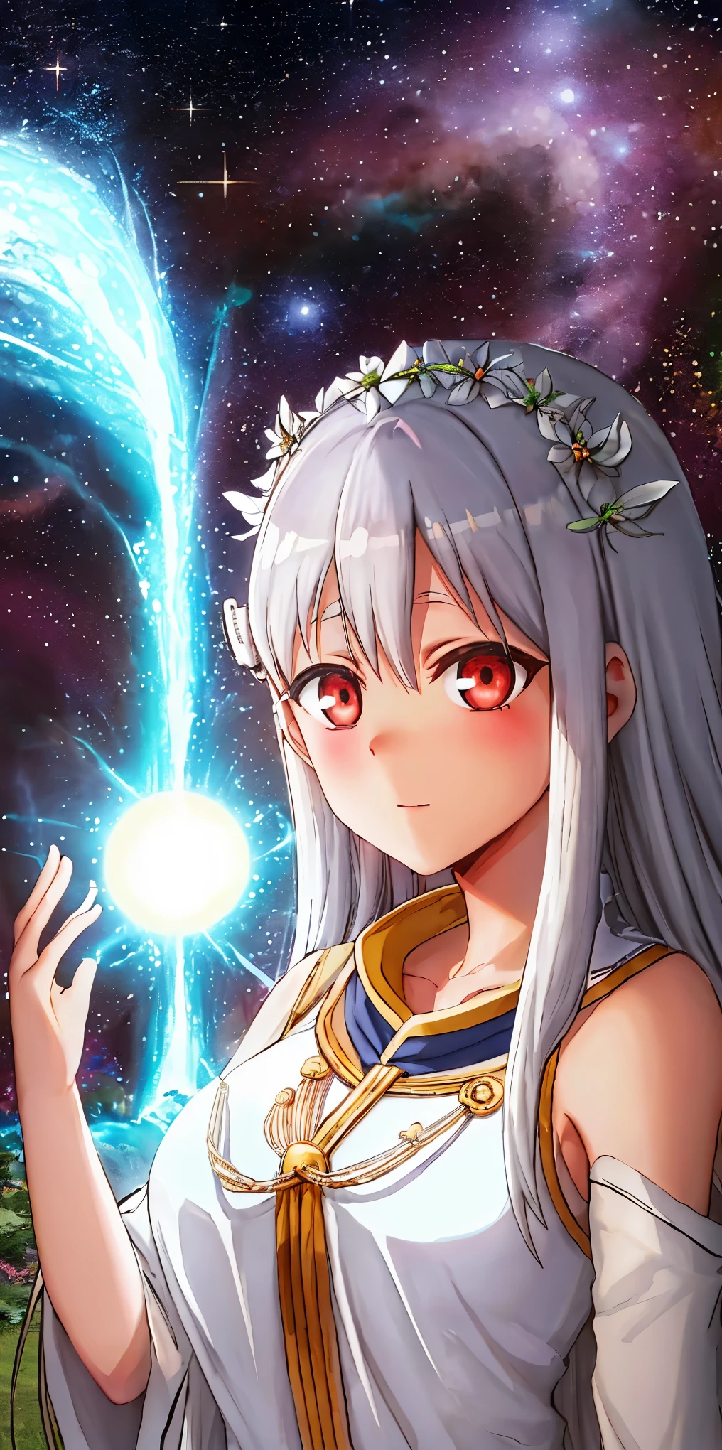 Nagatoro Hayase, goddess, pale skin with white dots resembling stars in the sky, white hair, glowing red eyes, white tunic, cosmic space, glowing wings, Nagatoro with divine appearance, cosmic, goddess, Nagatoro holding a super massive black hole with one hand