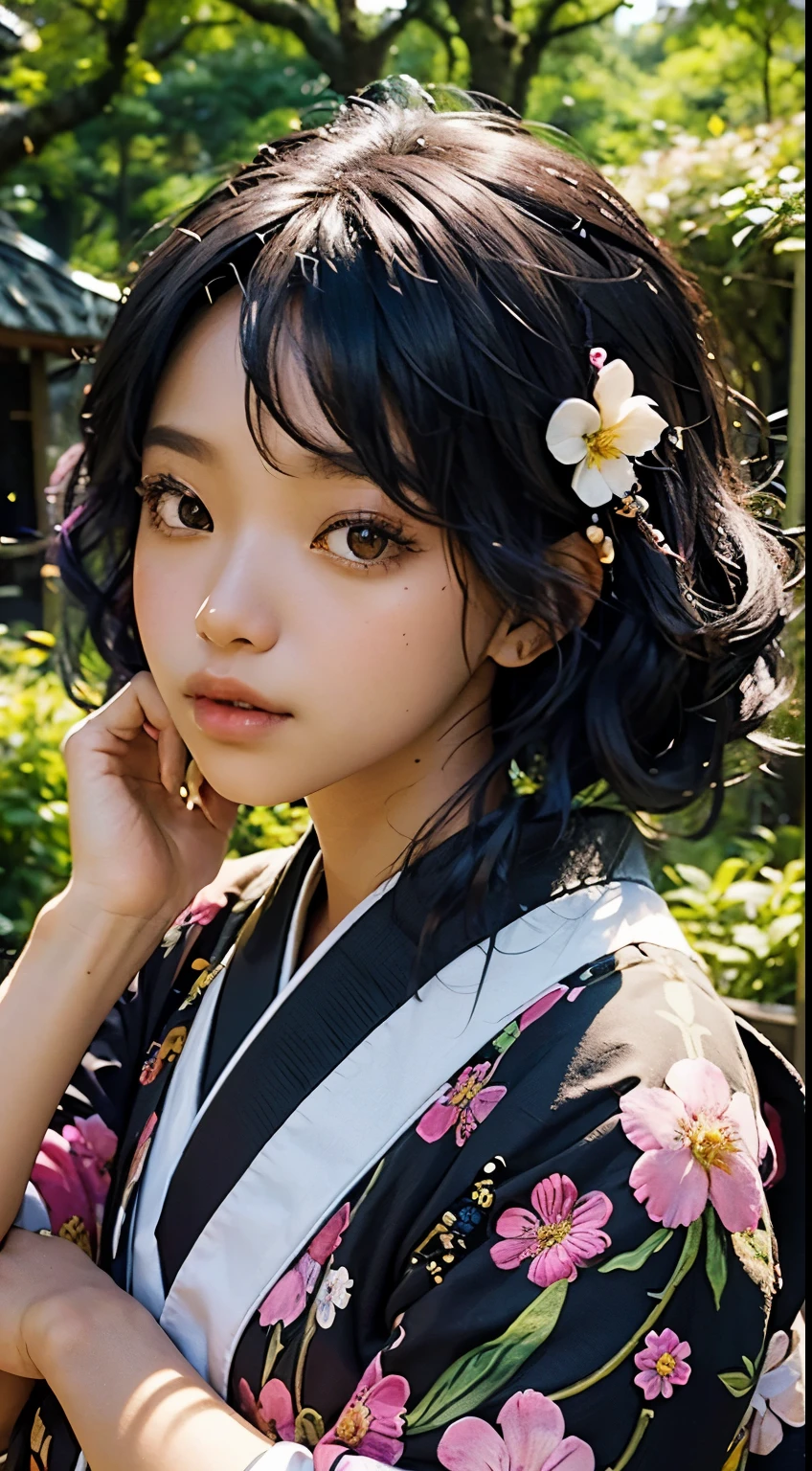 A black woman, colorful hair, in japan, surrounded by trees and flowers, macro photography