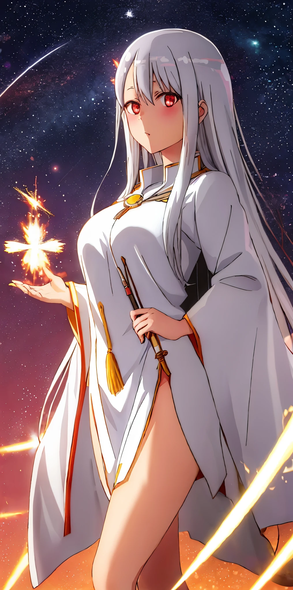 Nagatoro Hayase, goddess, pale skin with white dots resembling stars in the sky, white hair, glowing red eyes, white tunic, cosmic space, glowing wings, Nagatoro with divine appearance, cosmic, goddess, Nagatoro holding a galaxy with one hand
