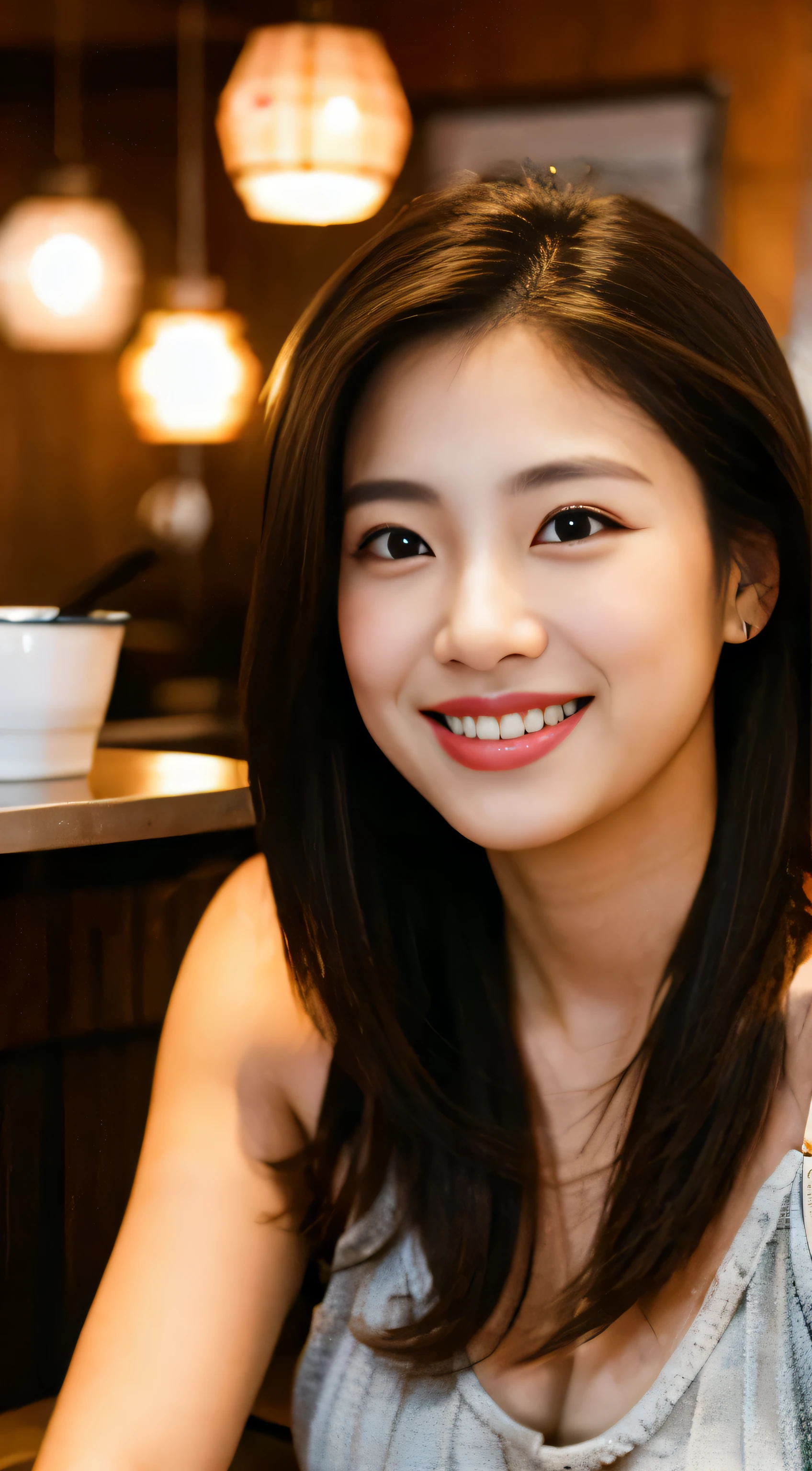 Realistic photo of (1cute Korean actress), tank top, in ramen shop, smiling, Canon EOS, clear facial features, close up portrait, cinematic mode, 8K