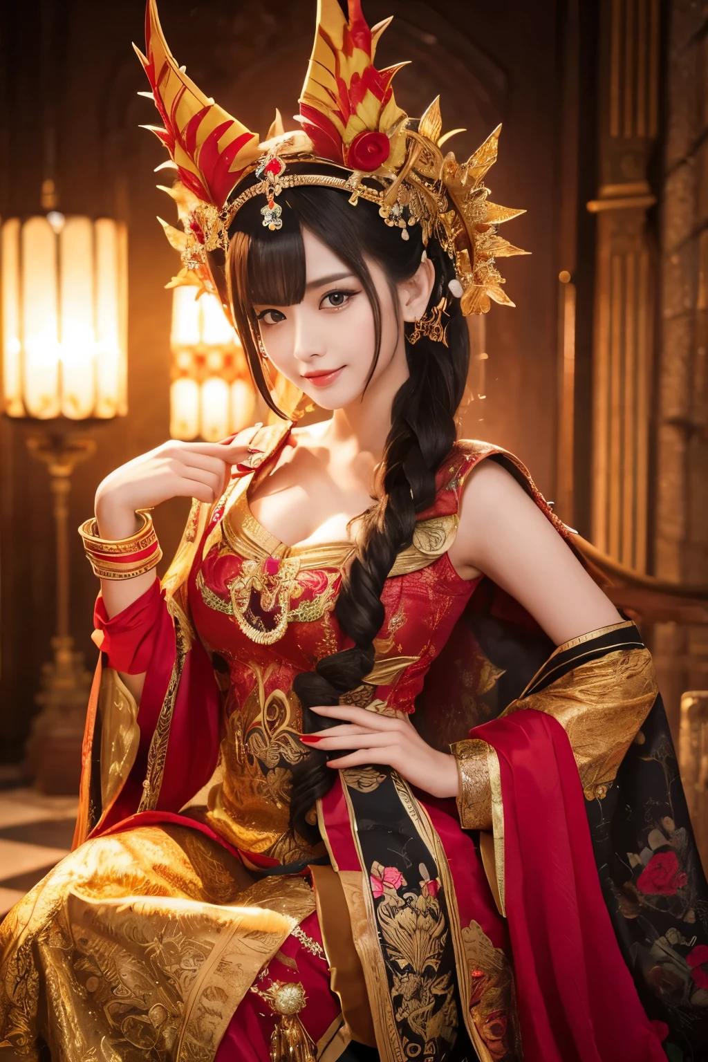 ( absurdly , high quality , Super detailed,See photographer ),queen of flame,prick々Beautiful and colorful patterned dragon costume with great details,