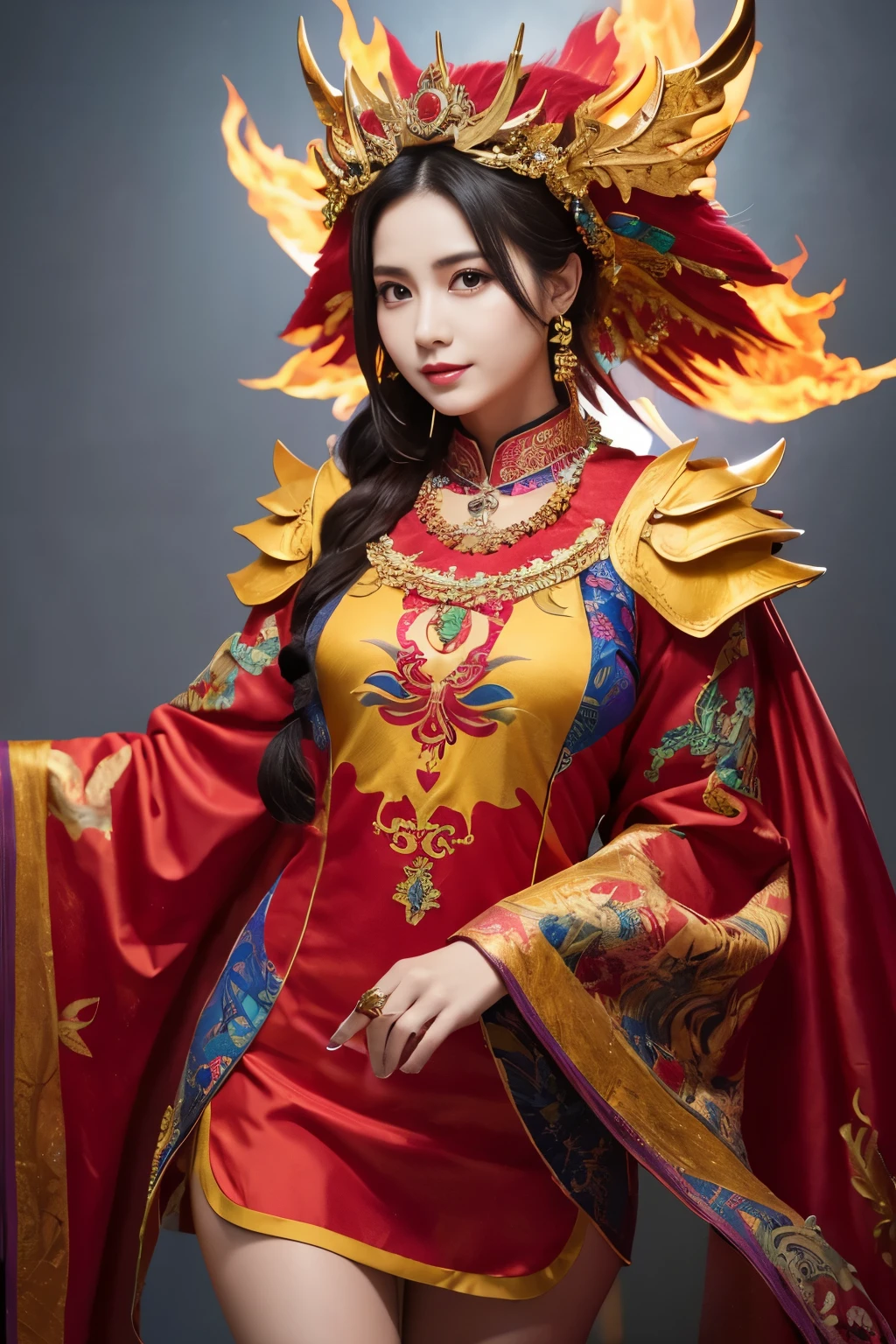 ( absurdly , high quality , Super detailed,See photographer ),queen of flame,prick々Beautiful and colorful patterned dragon costume with great details,