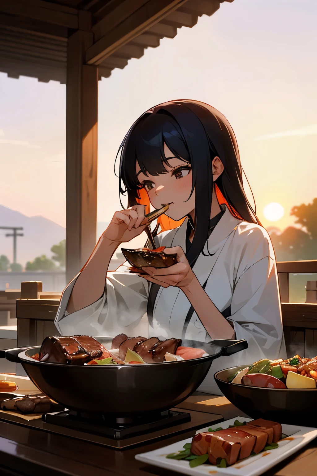(masterpiece, best quality),(night,trash,junk:1.3),(torii,casserole),1girl,eating,messy,empty can,black hair,long hair,messy hair,red eyes,black clothes,japanese clothes,crate,skewer,tokkuri,sukiyaki,oden,small breasts,lie down on the ground