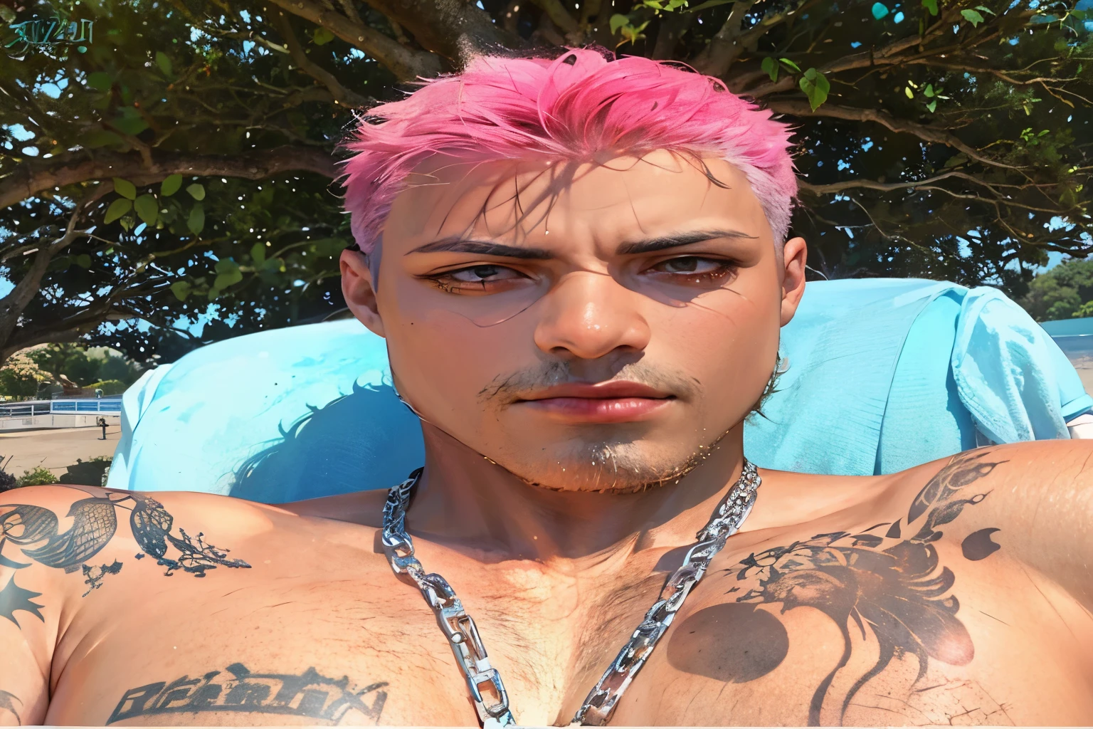 arafed man with Cabelo rosa and tattoos on his chest, long spiky Cabelo rosa, with Cabelo rosa, moicano rosa, light Cabelo rosa with pink flames, bubblegum hair, chad, Cabelo rosa, coelho mau, corte de cabelo tingido cyberpunk, brilhantes de cabelo, huge Cabelo rosa, homem jovem de 22 anos, Bts, taehyung, Kim Taehyung 