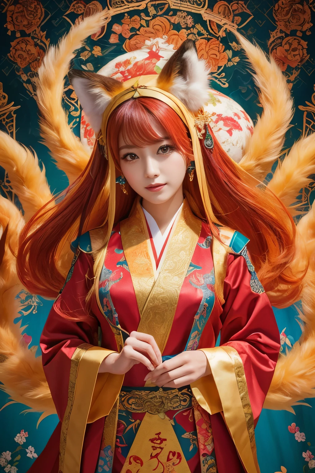 ( absurdly , high quality , Super detailed,See photographer ),(fox god,nine-tailed fox) ,Costumes with detailed, beautiful and colorful patterns,See photographer,god's palace