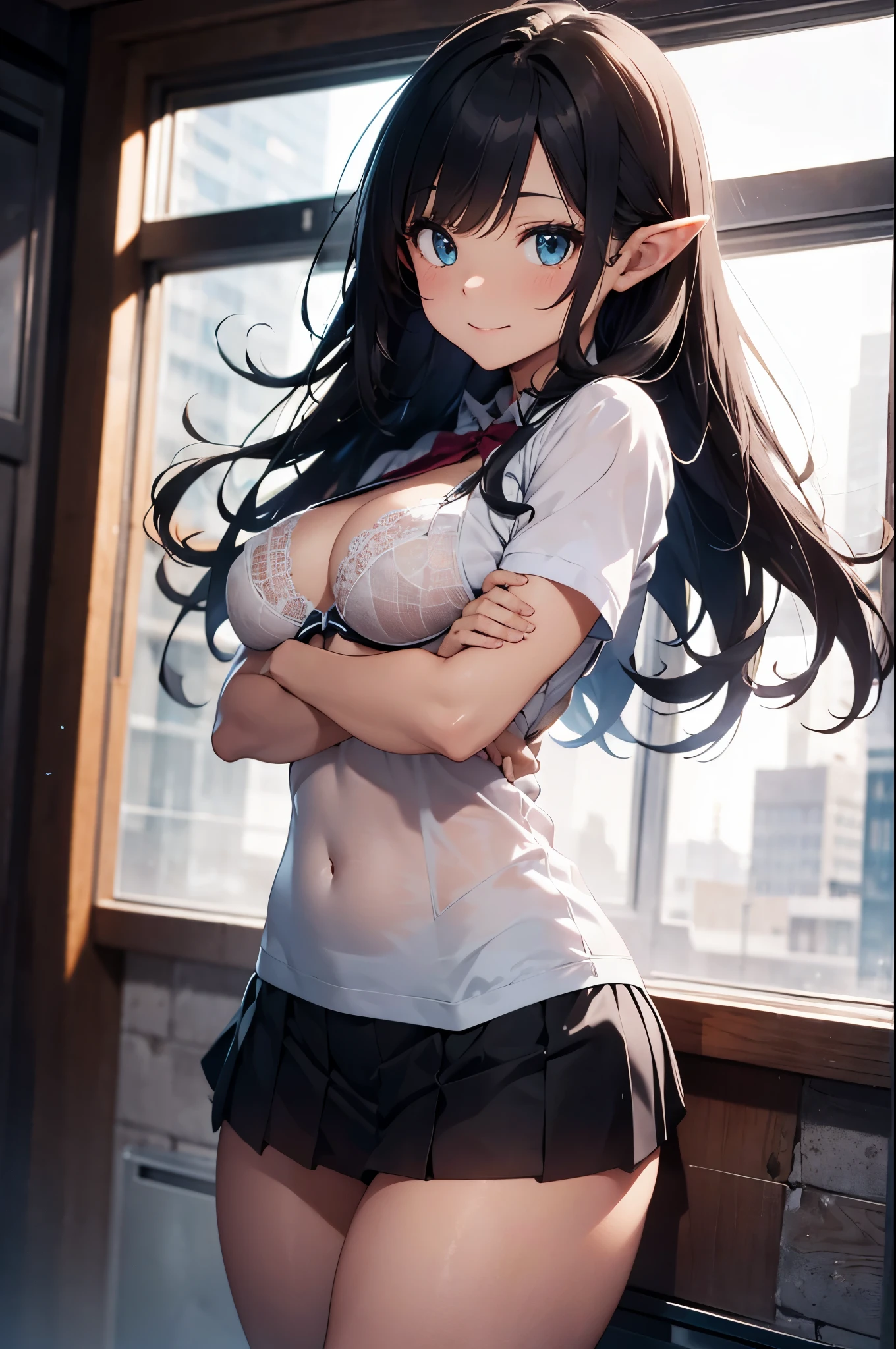 realistic image, coherent image, detailed image, 1 beautiful elf. She has long hair, black hair. Her eyes are turquoise, long eyelashes. Her face is oval and delicate, smiling. She is wearing a lace bra, pleated mini skirt. She has a curvy body, medium breasts, thick thighs. sexy pose. with arms crossed. view of her full body. White background, uniform background. natural lighting, volumetric lighting