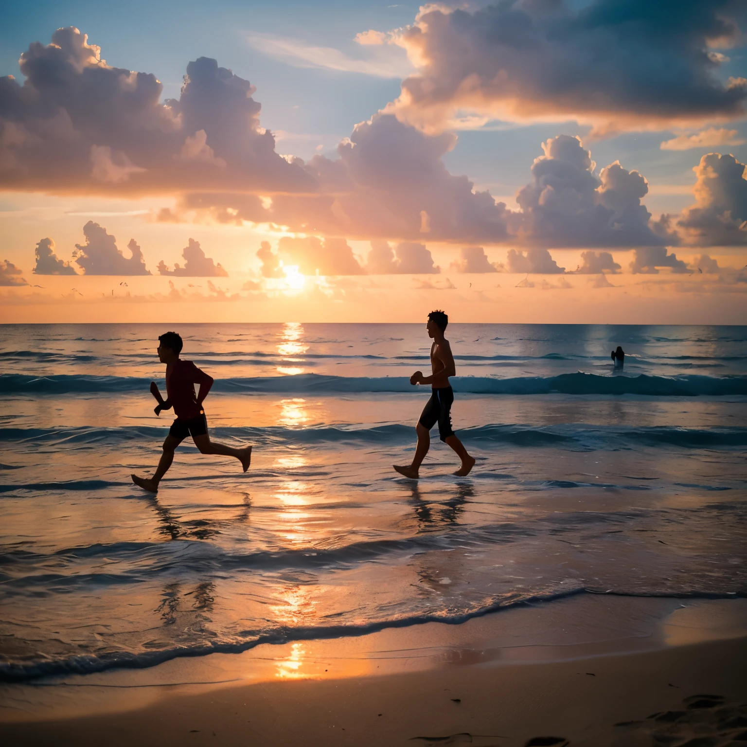 photo of people jogging on Kuta beach, Bali, at sunset and lots of people playing sand, playing in the water, make the photo poor quality