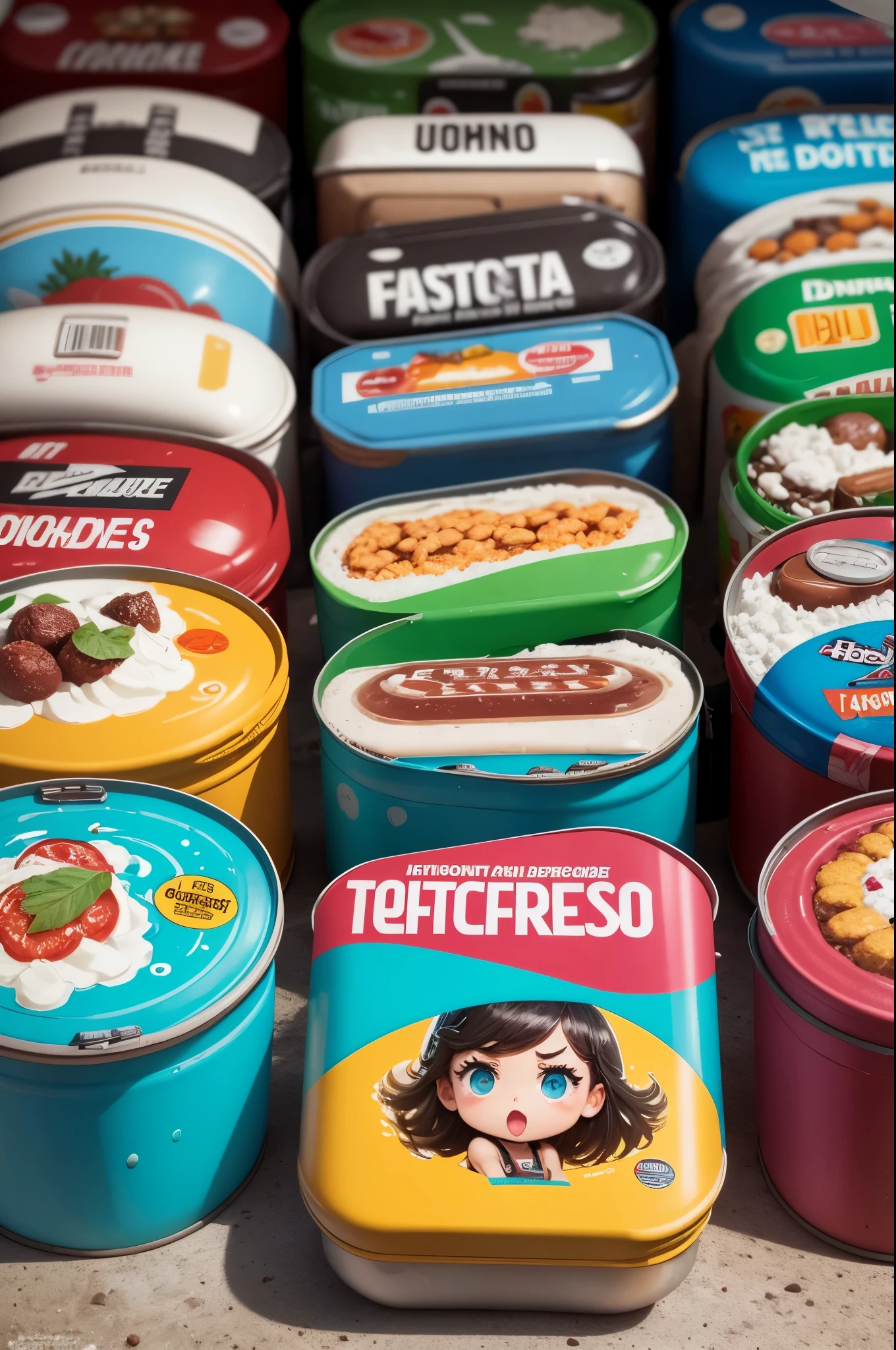 Desenhe latas de refrigerantes explodindo dentro de um mercadinho, destruindo tudo pelo caminho, estilo comico assustado