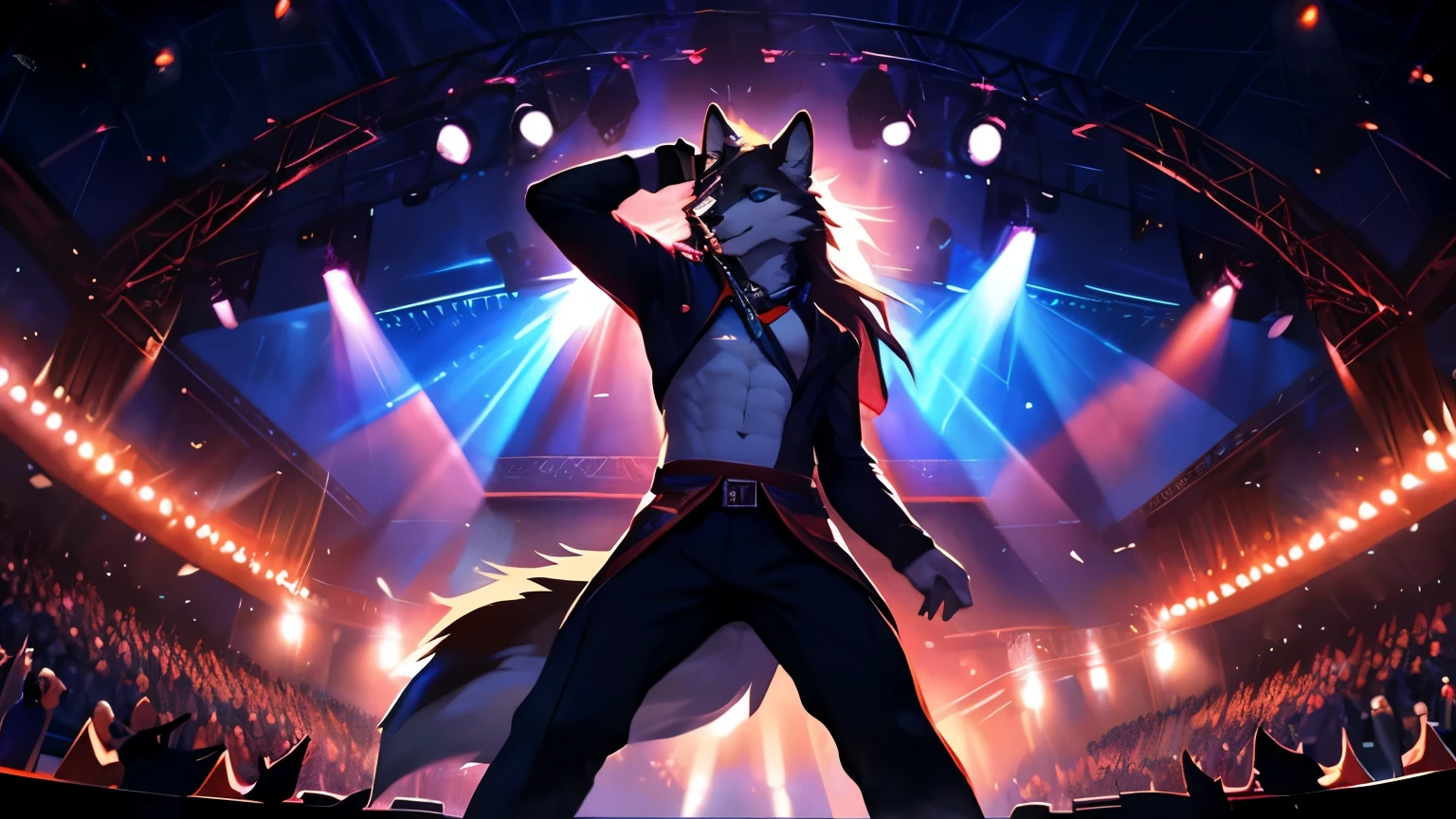 4k, high resolution, best quality, perfect colors, perfect shadows, perfect lighting, posted on e621, (by Chunie, by canyne khai, by t.y.starale), male, furry, Wolf anthro, Blue eyes, (Realistic eye details 1.2), KPop wear, slim body, Long hair, onstage, Singing in front of an audience, vigorously, spotlights, hold the mic, Perfect centralization, delight, Standing position, Abstract beauty, centre, Looking at the camera, Facing the audience, soft lighting, highly detail, nearing perfection, Dynamic, highly detailed, Liso, sharp focus, 8K, A high resolution, illustration, fit body, perfect male figure, Detailed fur, Detailed face, Perfect face, Detailed background, (Complex), (Super Detail), (Ultra Clear), (Best Quality)