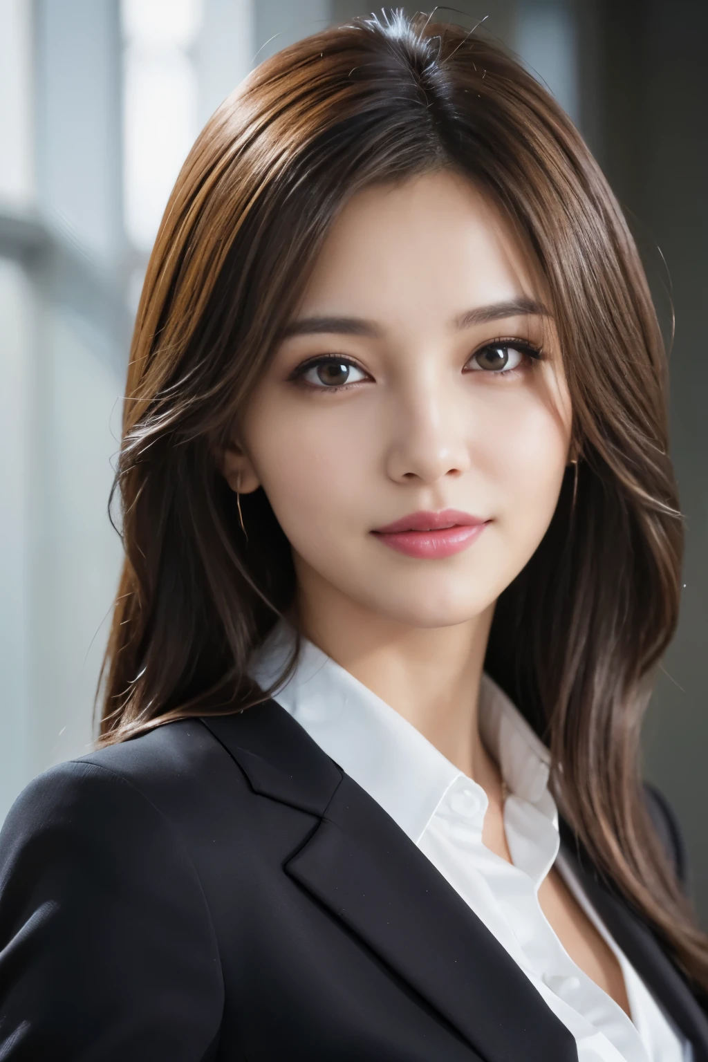 table top, highest quality, realistic, super detailed, finely, High resolution, 8k wallpaper, 1 beautiful woman,, light brown messy hair, wearing a business suit, sharp focus, perfect dynamic composition, detailed and beautiful eyes, fine hair, Detailed and realistic skin texture, smile, close-up portrait, model body shape