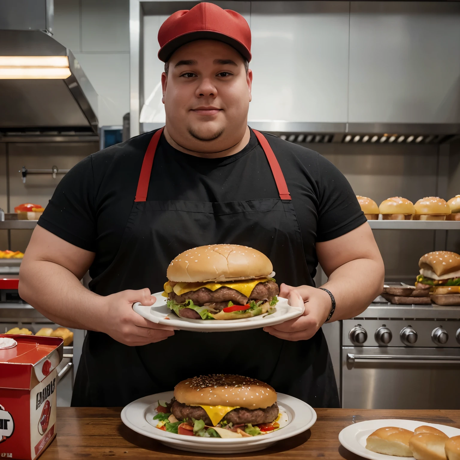 Slightly overweight cartoon character working in an industrial kitchen of a cafeteria. He wears red clothes with a black apron and a black cap that says Dioni's delivery. This boy is in front of a plate with several hamburgers in preparation and several steaks. on top of a plate in the background of the image there are two packages packed ready for delivery