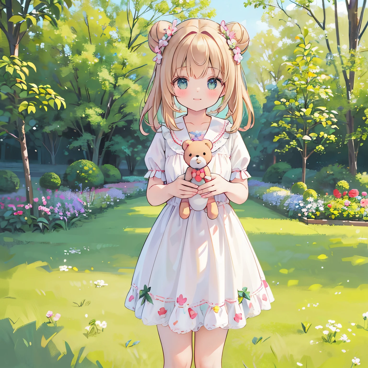 (best quality,4k,8k,highres,masterpiece:1.2),ultra-detailed,(realistic,photorealistic,photo-realistic:1.37),Illustration,Octane Render,morning park,a walking with a teddy bear, the girl has a bun hairstyle and a smiling face, vibrant colors, soft sunlight, beautiful flowers, green grass, playful atmosphere, peaceful environment,detailed textures, vibrant colors, cute teddy bear outfit, joyful expression