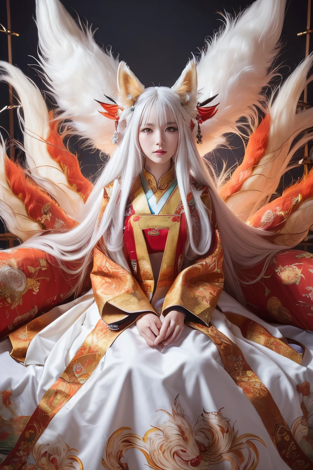 ( absurdly , high quality , Super detailed,(See photographer ),(fox god,nine-tailed fox) ,beautiful long white hair，Costumes with detailed, beautiful and colorful patterns,See photographer,god&#39;s palace