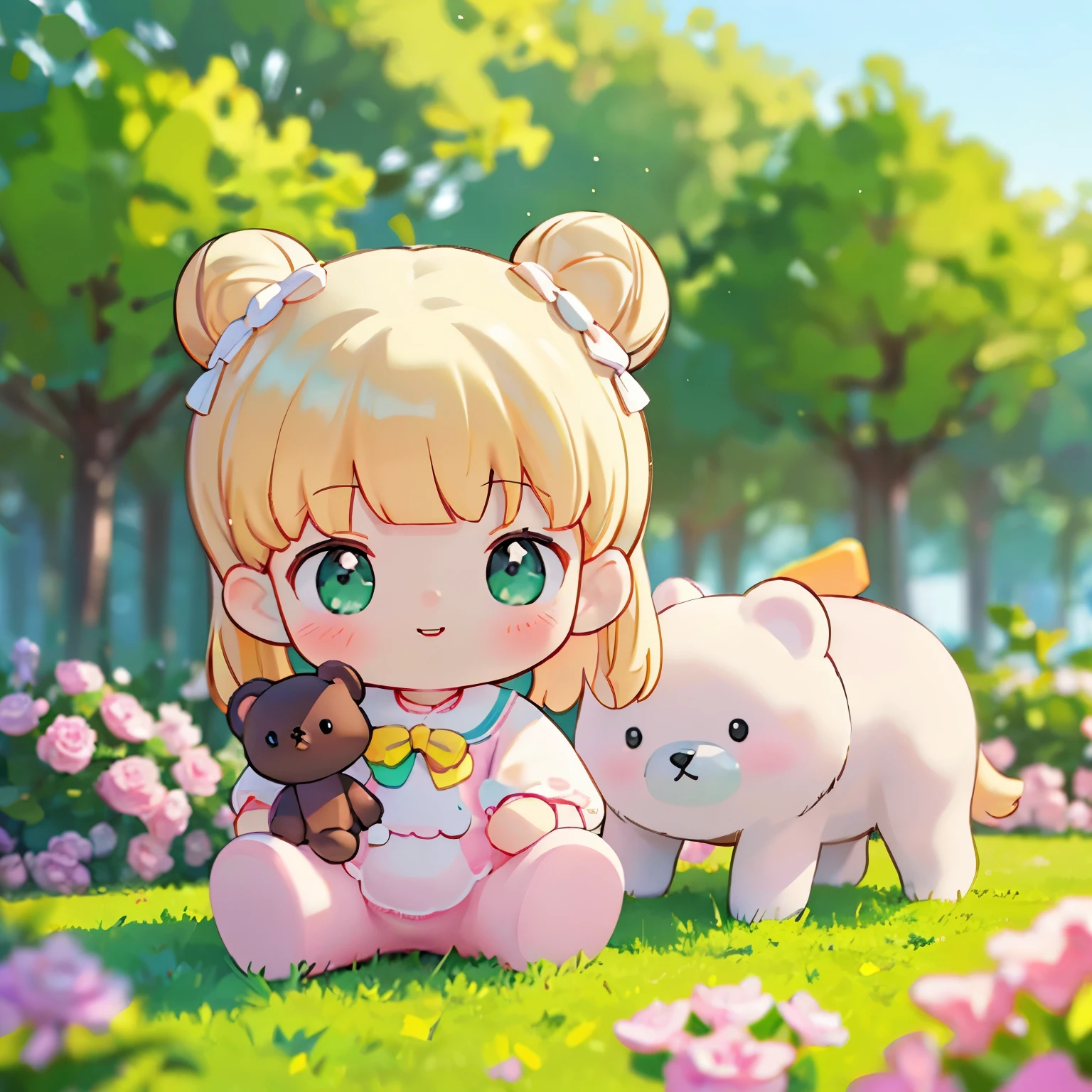 (best quality,4k,8k,highres,masterpiece:1.2),ultra-detailed,(realistic,photorealistic,photo-realistic:1.37),Illustration,Octane Render,morning park,a walking with a teddy bear, the girl has a bun hairstyle and a smiling face, vibrant colors, soft sunlight, beautiful flowers, green grass, playful atmosphere, peaceful environment,detailed textures, vibrant colors, cute teddy bear outfit, joyful expression
