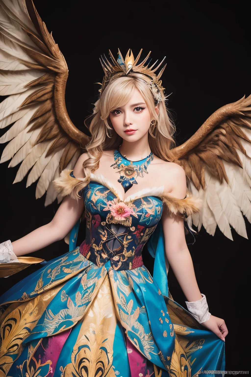 ( absurdly , high quality , Super detailed,(See photographer ), griffon queen,Griffon costume with detailed, beautiful and colorful patterns,See photographer,fantastic world