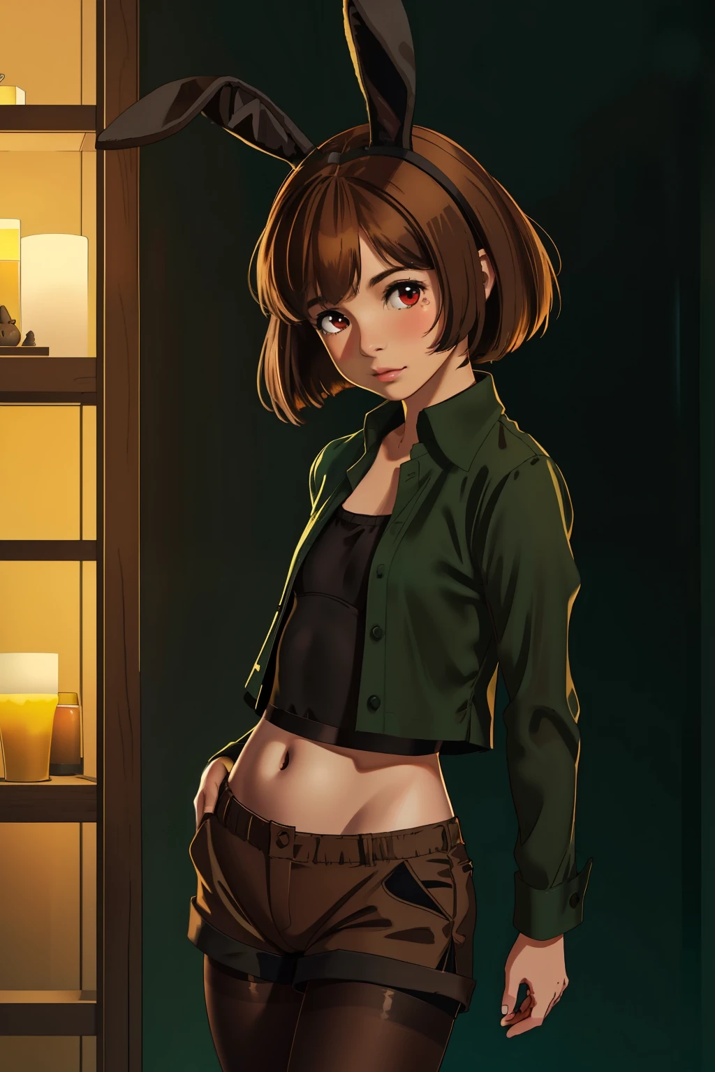 ((best quality)), ((masterpiece)), (detailed), Undertale Chara, brown hair, (brown shorts: 1.3), bob cut, short hair, black pantyhose, (green shirt: 1.3), red eyes, (1girl: 1.3), (solo: 1.3), stripes, striped shirt tetas con una altura de 2 y 1.0 centimeters y un grosor de 1.0 centimeters (black bunny suit, black bunny ears, pantyhose:1.2), (best quality, 4k, 8k, highres, masterpiece:1.2), ultra-detailed, (realistic, photorealistic, photo-realistic:1.37), HDR, UHD, studio lighting, ultra-fine painting, sharp focus, physically-based rendering, extreme detail description, professional, vivid colors, bokeh, portraitysterious, dark:0.9) background, (soft, gentle:1.1) lighting
