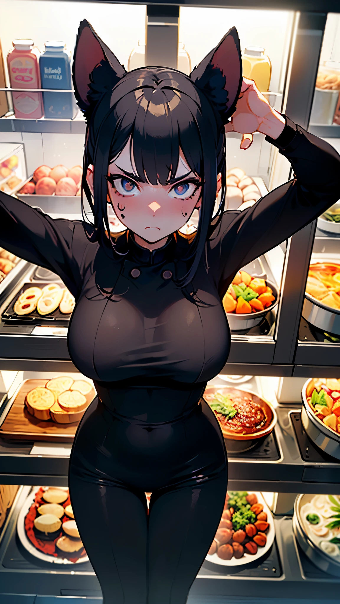 ((best quality)), ((chef-d'artwork)), (detailed), visage parfait, ((((uses the ratio of 1.6180339887 for internat image composition)))), (Une femme avec des oreilles de chats et une fourrure de chats), Completely naked, couleur vibrantes, ((boket:2)), ((look of disgust)),