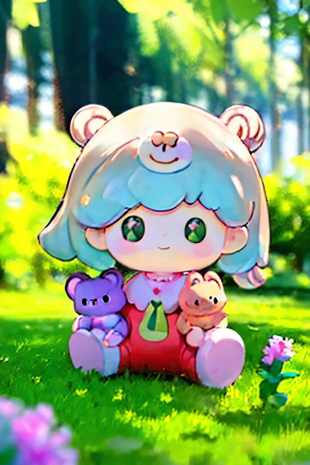 (best quality,4k,8k,highres,masterpiece:1.2),ultra-detailed,(realistic,photorealistic,photo-realistic:1.37),Illustration,Octane Render,morning park,a  walking with a teddy bear, the girl has a bun hairstyle and a smiling face, vibrant colors, soft sunlight, beautiful flowers, green grass, playful atmosphere, peaceful environment,detailed textures, vibrant colors, cute teddy bear outfit, joyful expression
