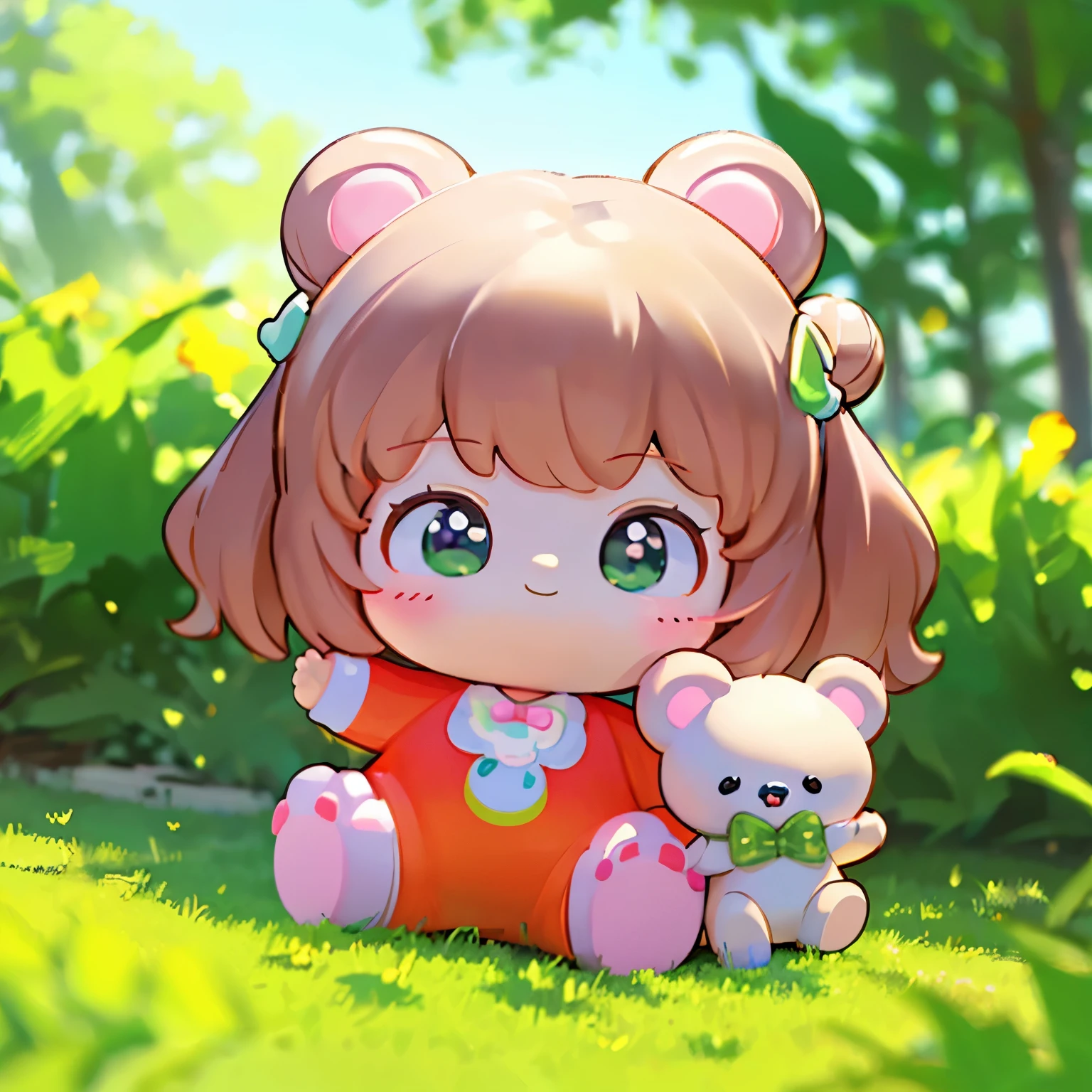 (best quality,4k,8k,highres,masterpiece:1.2),ultra-detailed,(realistic,photorealistic,photo-realistic:1.37),Illustration,Octane Render,morning park,a walking with a teddy bear, the girl has a bun hairstyle and a smiling face, vibrant colors, soft sunlight, beautiful flowers, green grass, playful atmosphere, peaceful environment,detailed textures, vibrant colors, cute teddy bear outfit, joyful expression
