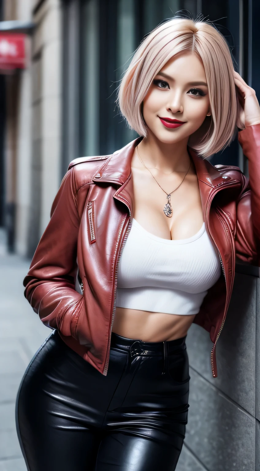 (masutepiece, Best Quality), ultra-detailliert, Photorealsitic, a short pink hair, beautiful female model, ((Coordinating sexy leather jackets)), leather pant, open-shirt, high-heels, a necklace, Ring Accessories, short Hair, Perfect face, Beautiful face, enticing, big gorgeous eyes, blue eyess, heavy make up, red-lips, seducting smile, Glamorous body, Voluptuous body, Big ass, down town, suggestive pose