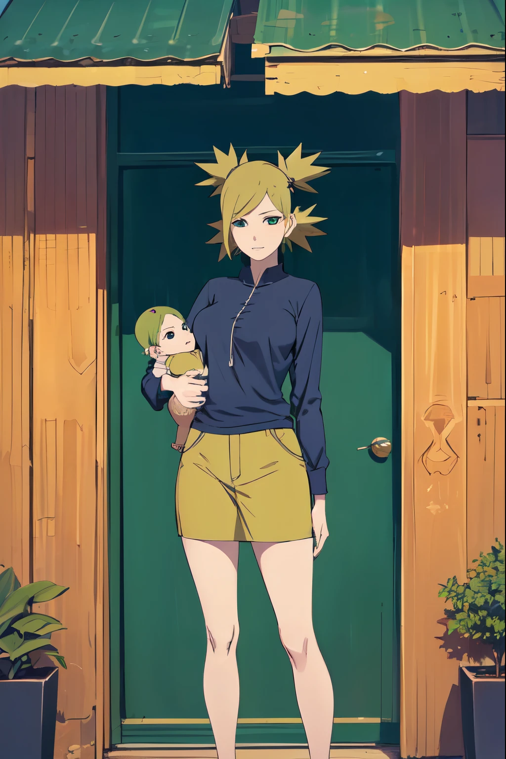 (best quality,highres),temari ball with intricate patterns in vibrant colors, long flowing yellow hair, medium-sized breasts, slender legs, holding a baby with green hair