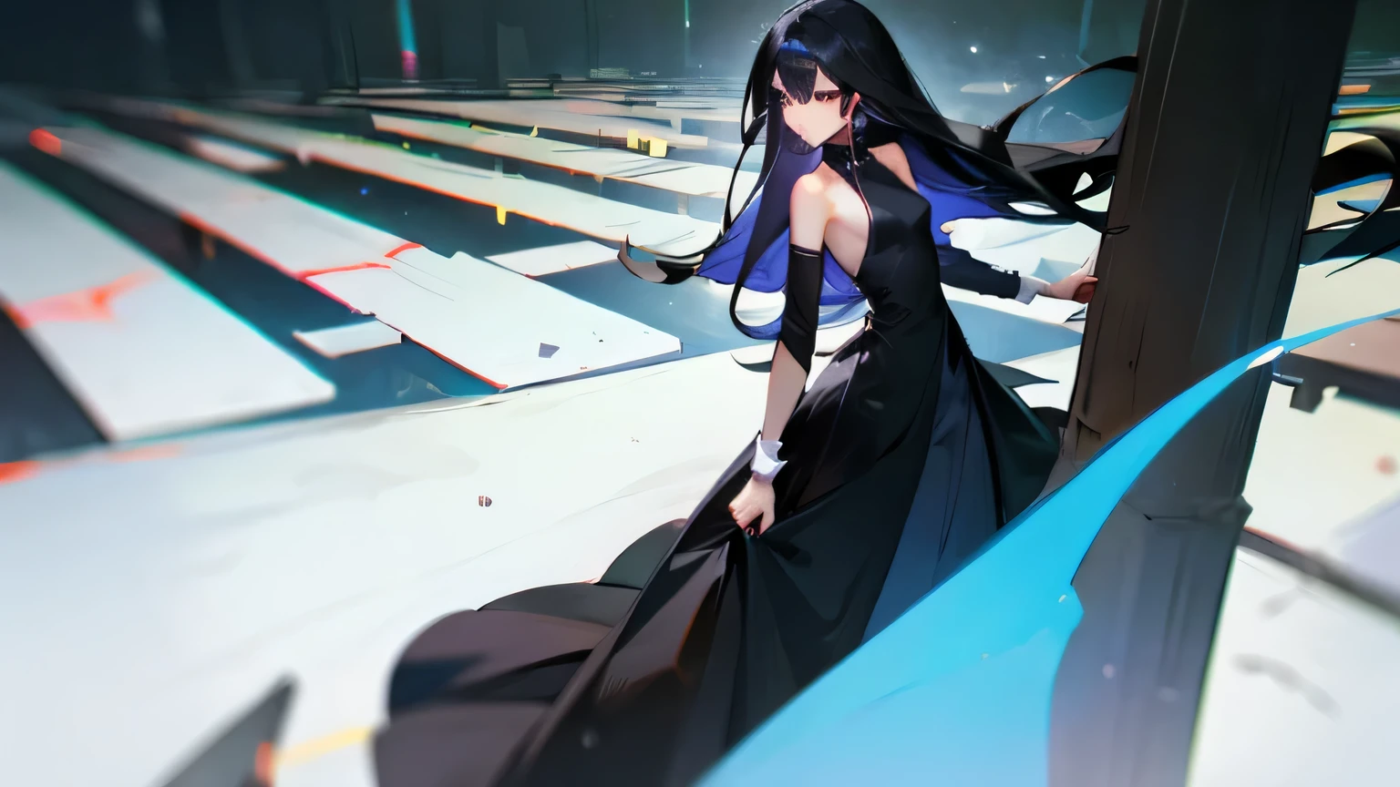 slim type、small breasts、straight long hair、black hair、Neat and clean appearance、woman wearing a long black dress、