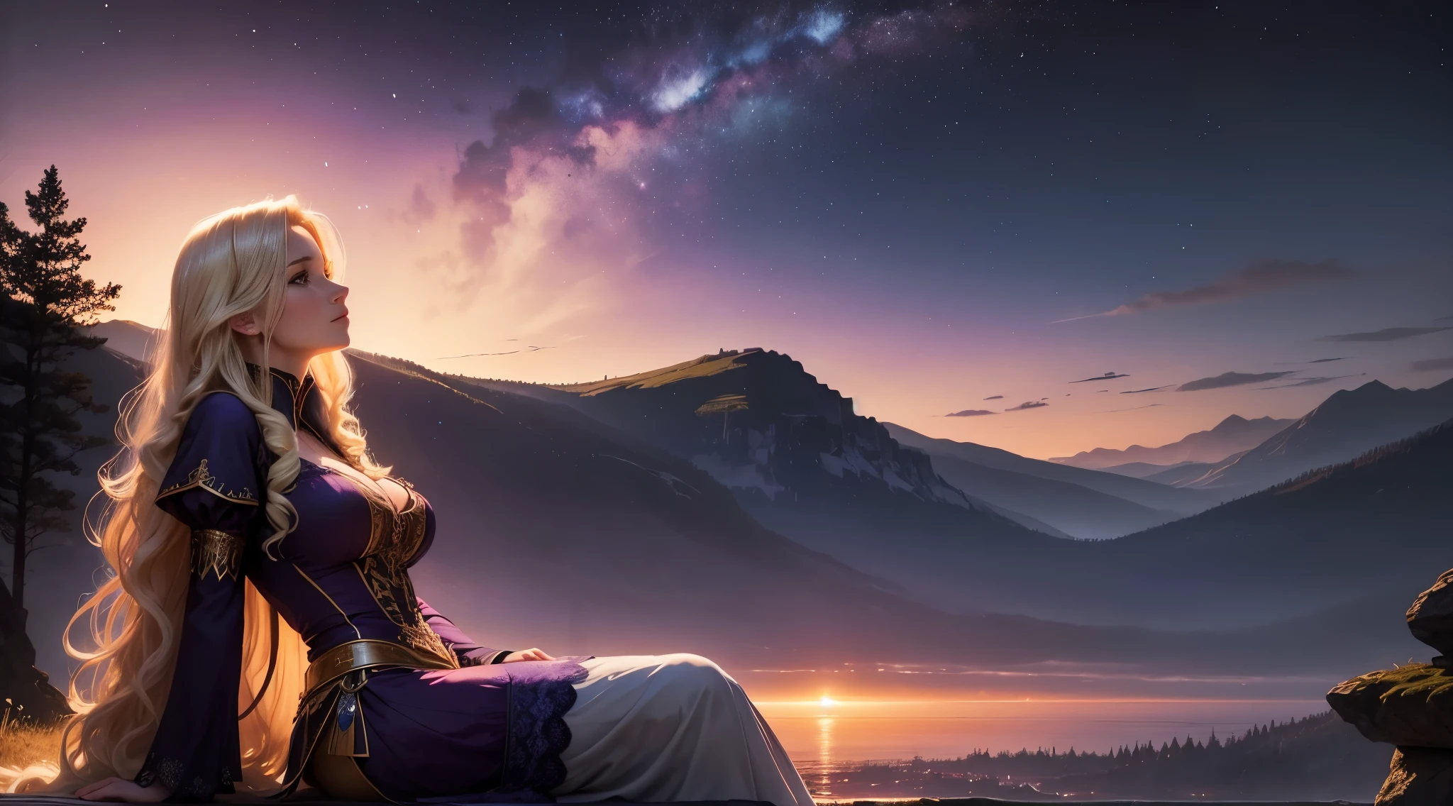Masterpiece, highly detailed, extremely beautiful blonde young Sweden woman, age 20, long wavy blond hair, perfection, fit, purple elegant translucent lace silk dress, sensual, big breasts, sitting, looking up at the sunset sky, medieval fantasy setting, atmospheric, nice vibe, vibrant colors, confident, happy thoughts, elegant, looking up, dreaming, thinking, cinematic shot, moody shot, close shot, inspirational, breathtaking, awe-inspiring, starry sky