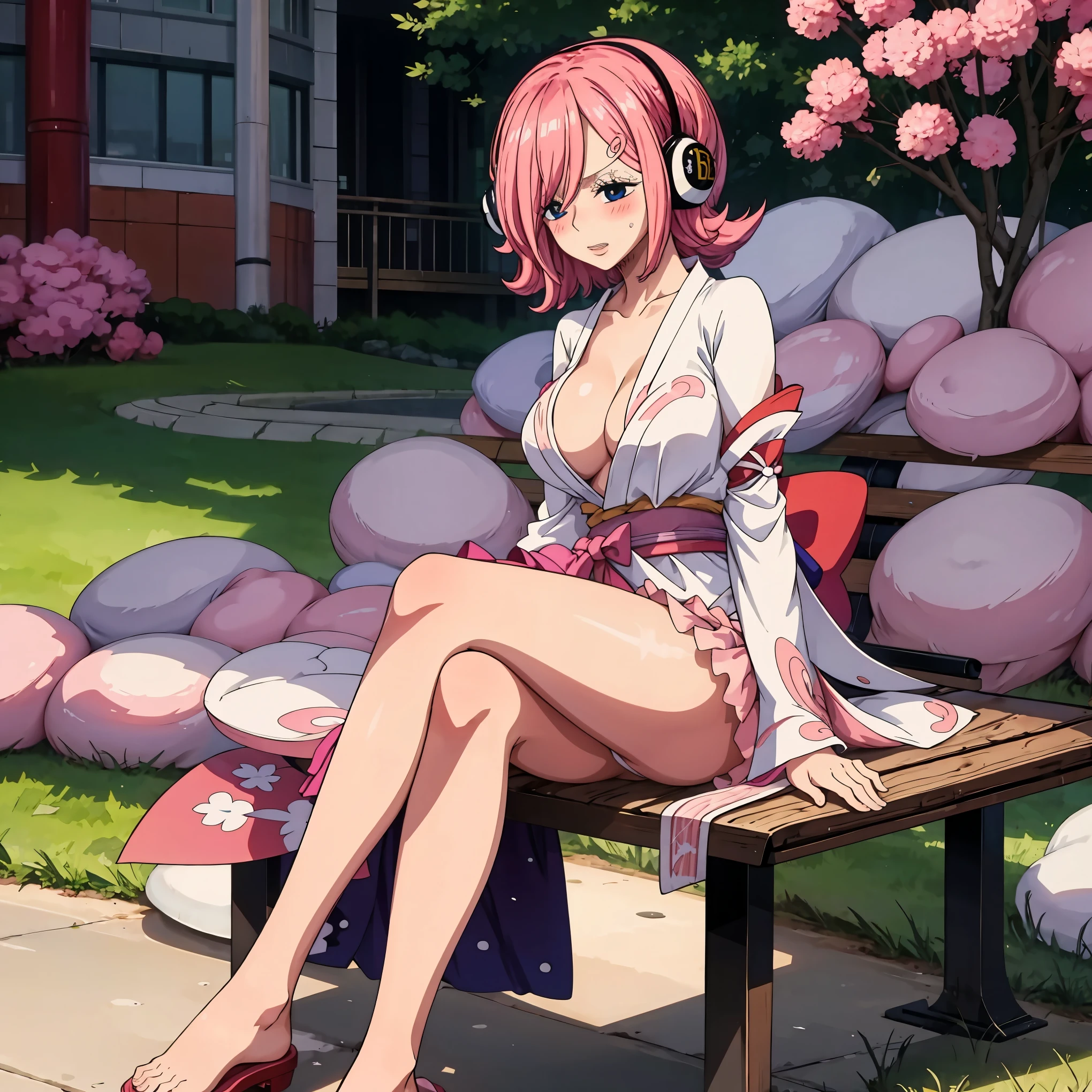 Masterpiece, best quality, perfect lighting, 1girl, solo, reiju, pink hair, pink miko kimono, cleavage showing, blushing, bare legs, bare feet, sitting on a park bench, sexy