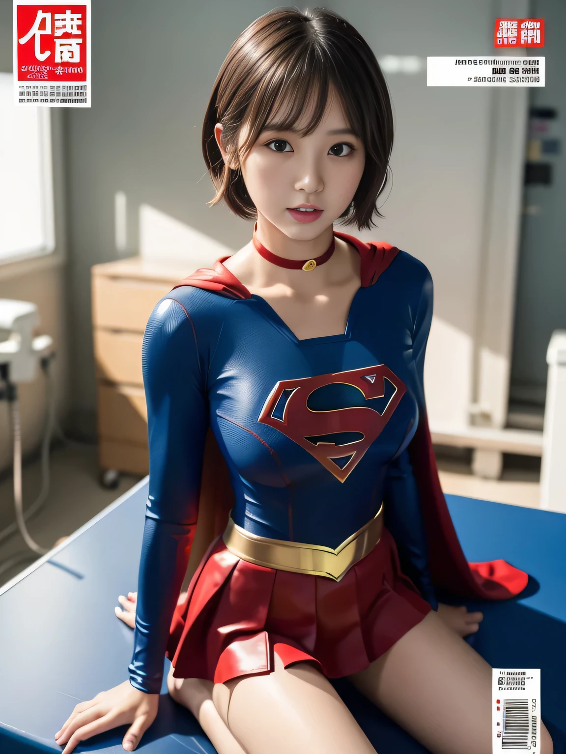 masterpiece、supergirl costume、short hair、barefoot、big and full breasts、test subject、operating room、operating table、Crisis situation、straddle、flowing sweat、shiny、look at the camera、provocation、Estrus、choker、Weekly magazine cover、long sleeve、red mini skirt、obscene pose、Seduce、humiliating