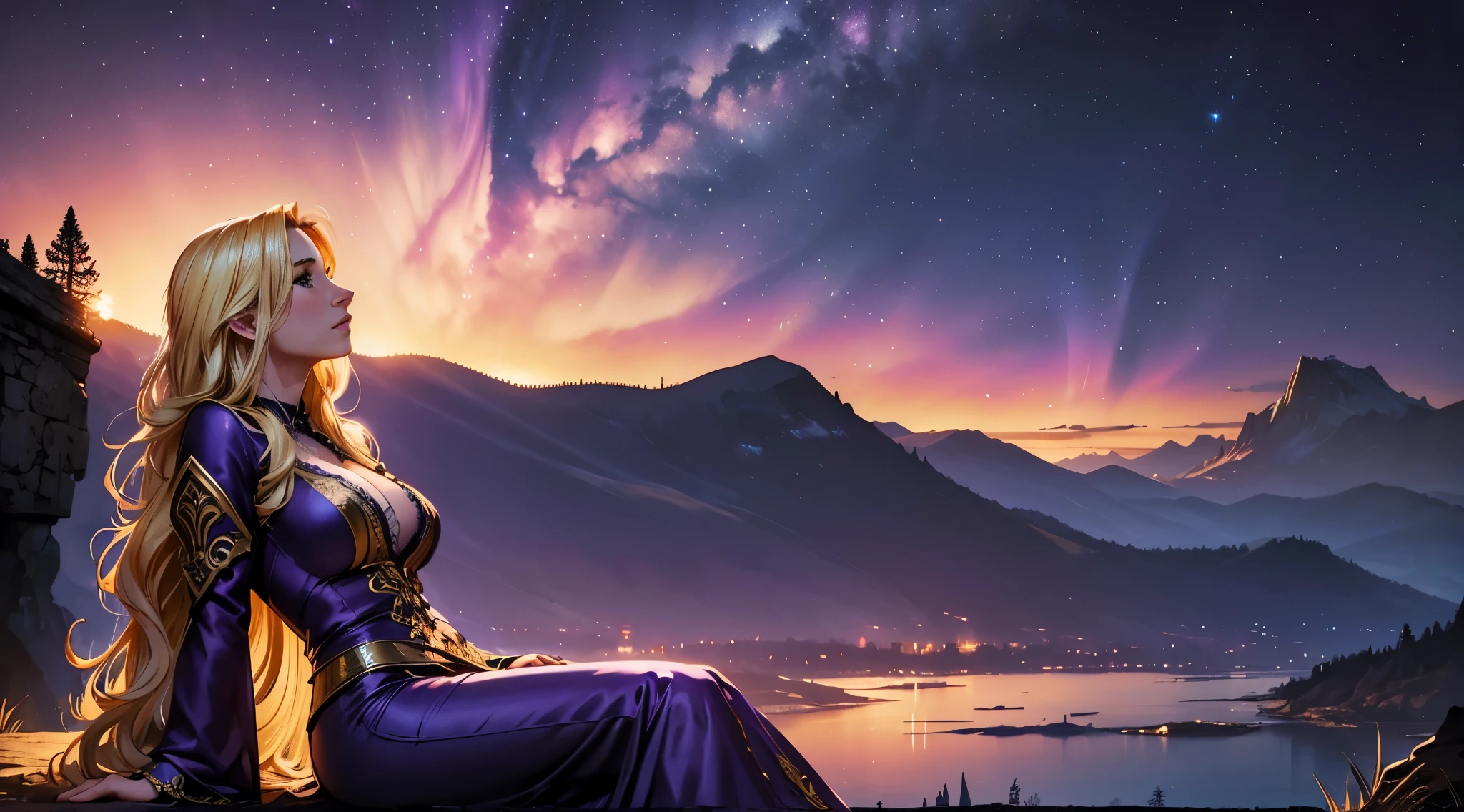 Masterpiece, highly detailed, extremely beautiful blonde young Sweden woman, age 20, long wavy blond hair, perfection, fit, purple elegant translucent lace silk dress, sensual, sexy, cleavage, big breasts, sitting, looking up at the sunset sky, medieval fantasy setting, atmospheric, nice vibe, vibrant colors, confident, happy thoughts, elegant, looking up, dreaming, thinking, cinematic shot, moody shot, close shot, inspirational, breathtaking, awe-inspiring, starry sky, purple aurora borealis