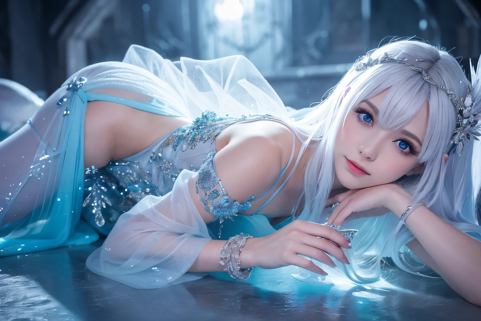 ( absurdly , high quality , Super detailed,See photographer ), Ice Queen,Crystal costume with detailed, beautiful and colorful patterns,ice queen,ice World,fantasy