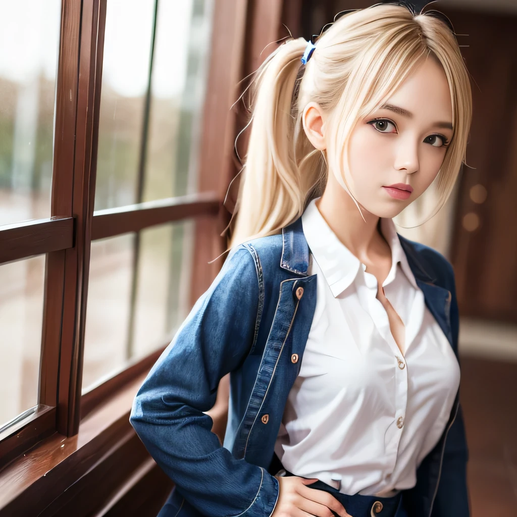 portrait、japanese school uniform、bright look、twin tails、young shiny glossy white shiny skin、best looks、blonde reflection、Platinum blonde hair with dazzling highlights、shiny bright hair,、super long straight hair、Shining beautiful bangs、Sparkling crystal clear charming big blue eyes、Very beautiful and lovely cute 10 year old girl、rich bust、White and beautiful blouse、With slit、((I could see the whole body))、beautiful face、The chest area of the clothes looks tight、Loosening perm、Pleated skirt with plenty of checked pleats、No bra、